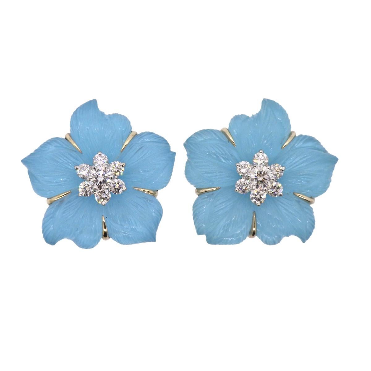 Seaman Schepps Clematis Crystal Turquoise Diamond Gold Flower Earrings