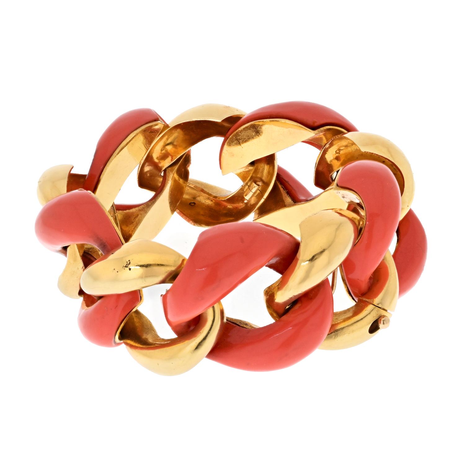 Modern Seaman Schepps Coral And Gold Large Link Bracelet For Sale