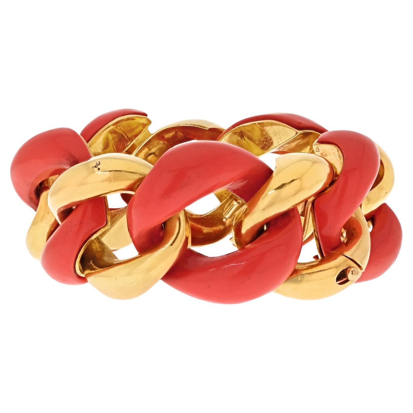 Seaman Schepps Coral And Gold Large Link Bracelet For Sale