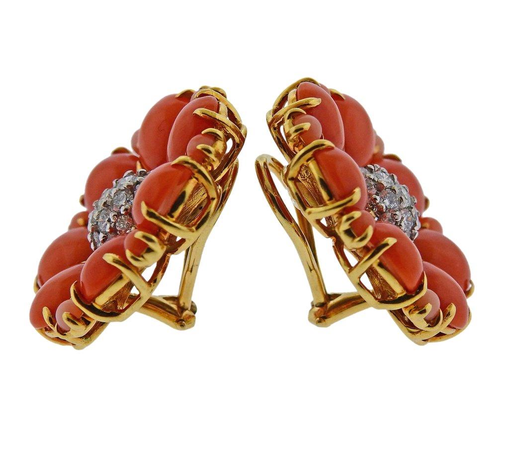 Pair of 18k gold cocktail earrings by Seaman Schepps, set with corals and approx. 1.00ctw in G/VS diamonds. Earrings are 27mm x 25mm. Weight is 19.6 grams. Marked 750, Shell mark, Seaman Schepps, 19251.
