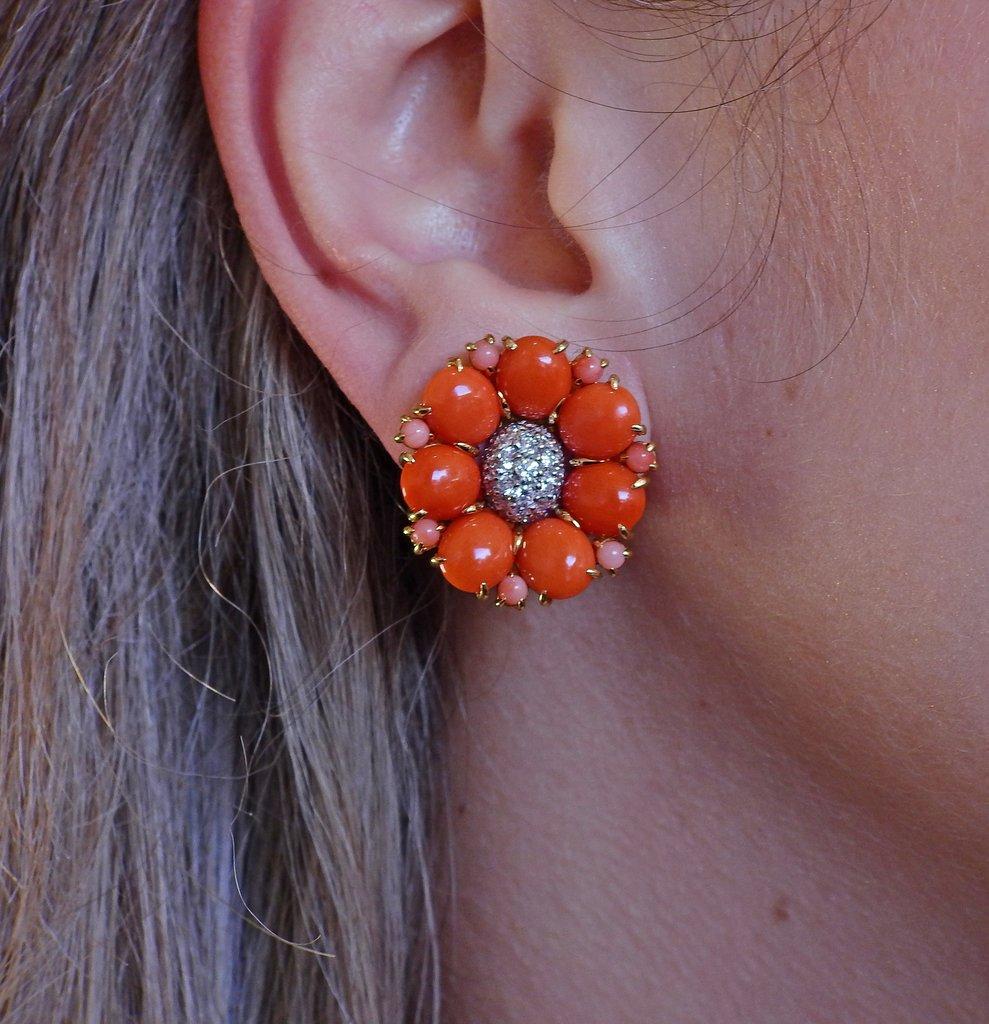 Women's or Men's Seaman Schepps Coral Diamond Gold Flower Earrings