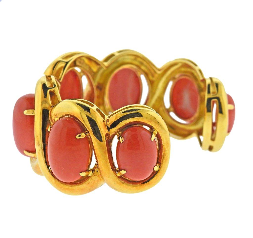 Cabochon Seaman Schepps Coral Gold Cuff Bracelet For Sale