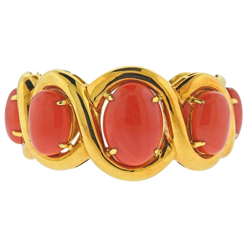 Seaman Schepps Coral Gold Cuff Bracelet For Sale