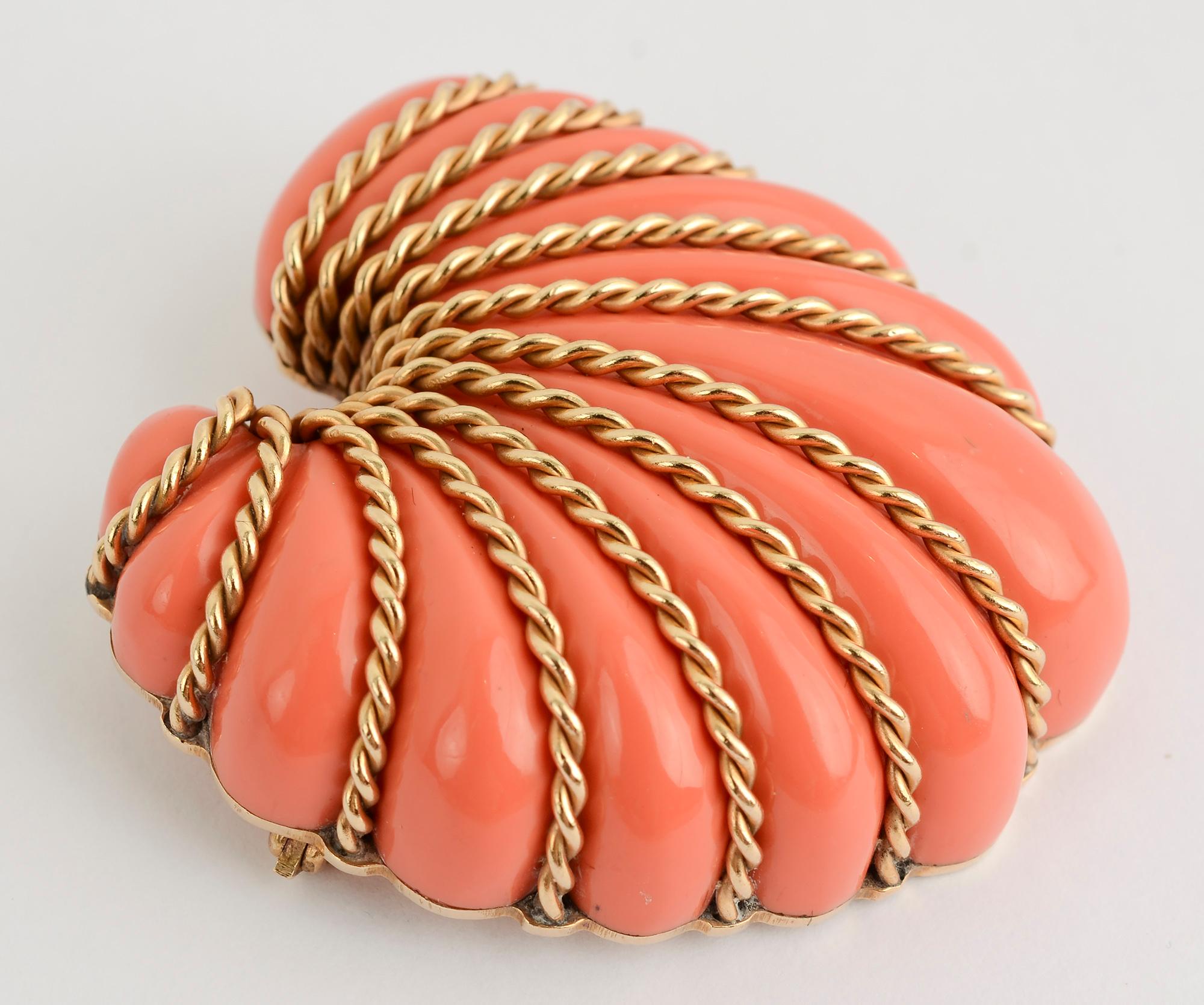 Seaman Schepps carved composite coral brooch in the shape of a seashell. The coral is highlighted with bands of twisted gold. The brooch measures 1 7/8 inches wide by 2 inches long. The gold is 14 karat as was used by Schepps until the 1970's.