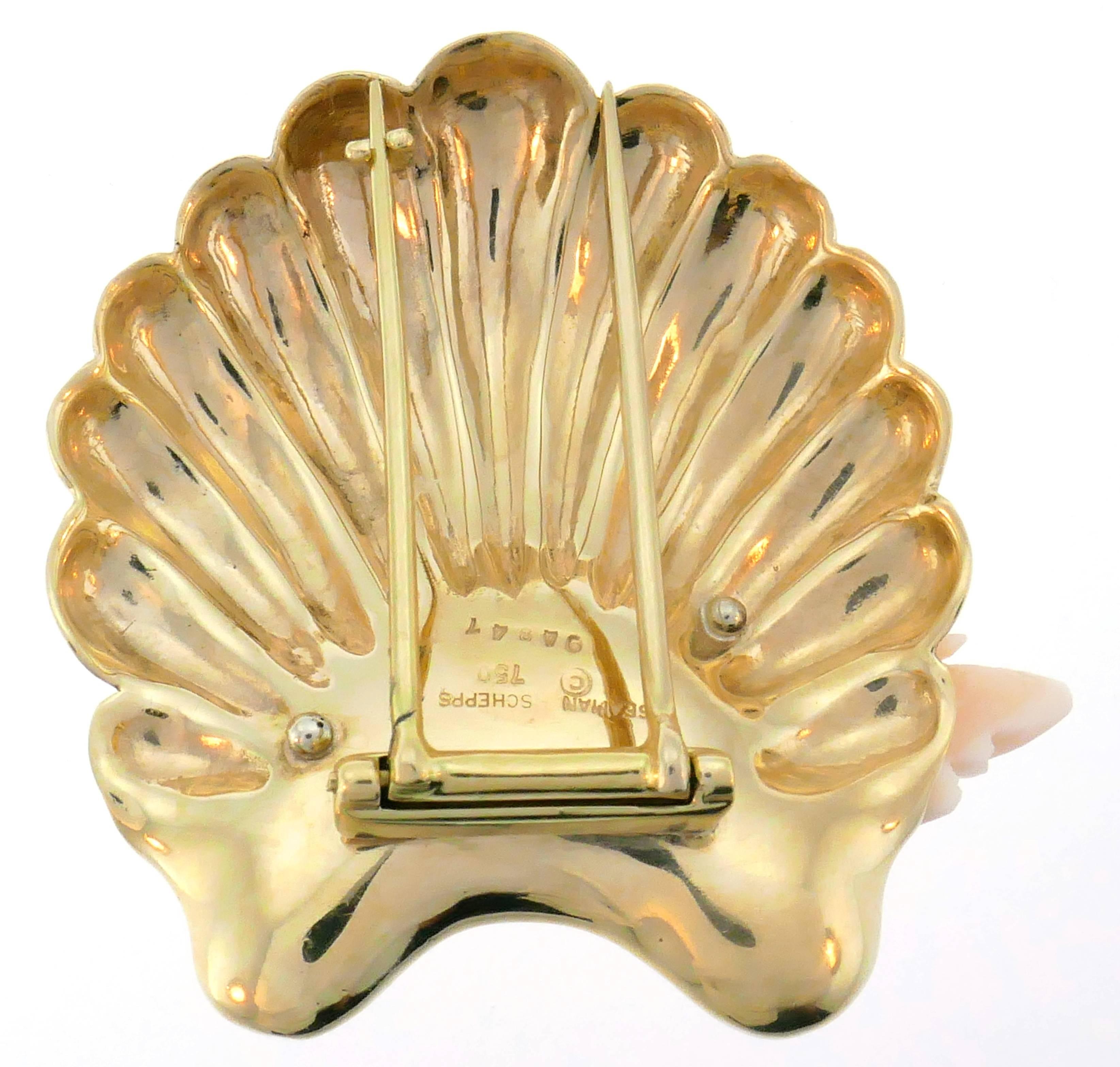 Seaman Schepps Coral Yellow Gold Clip Brooch Pin with Diamond 1960s 1