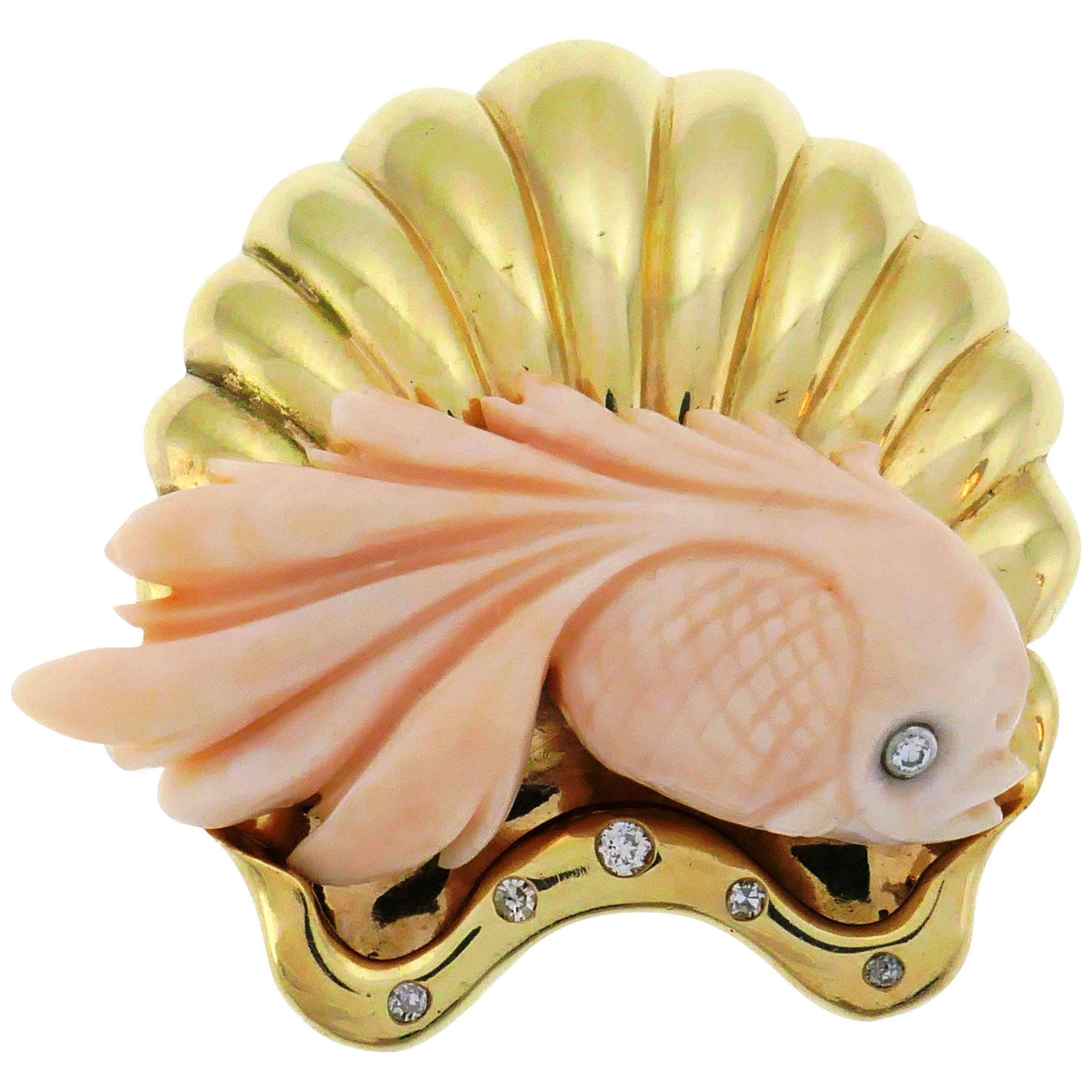 Seaman Schepps Coral Yellow Gold Clip Brooch Pin with Diamond 1960s