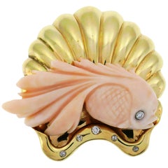 Seaman Schepps Coral Yellow Gold Clip Brooch Pin with Diamond 1960s