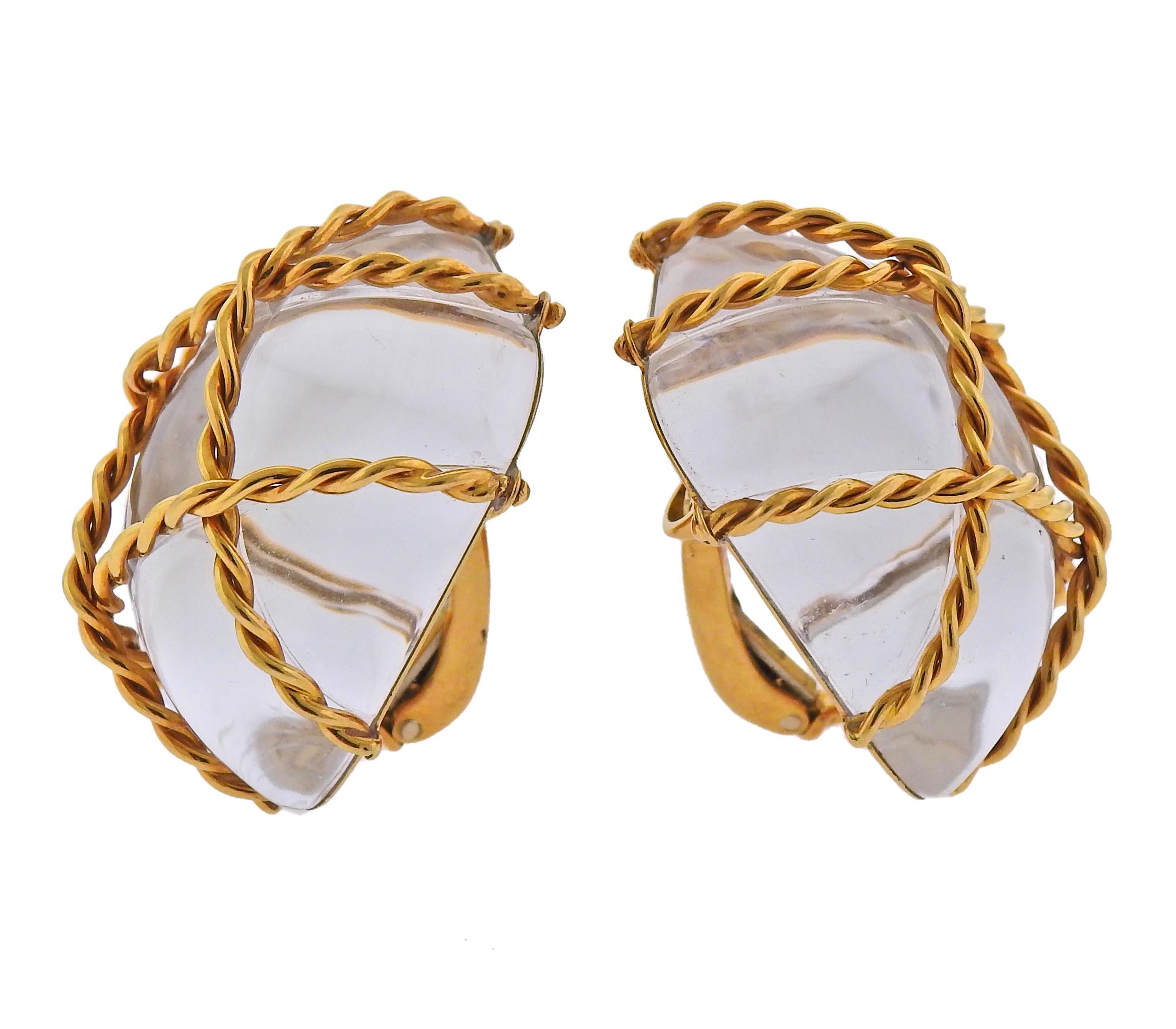 Pair of large 18k gold cage earrings with crystal, by Seaman Schepps. Earrings are 33mm x 28mm. Weight - 58.1 grams. Marked: Seaman Schepps, 750, Shell mark.