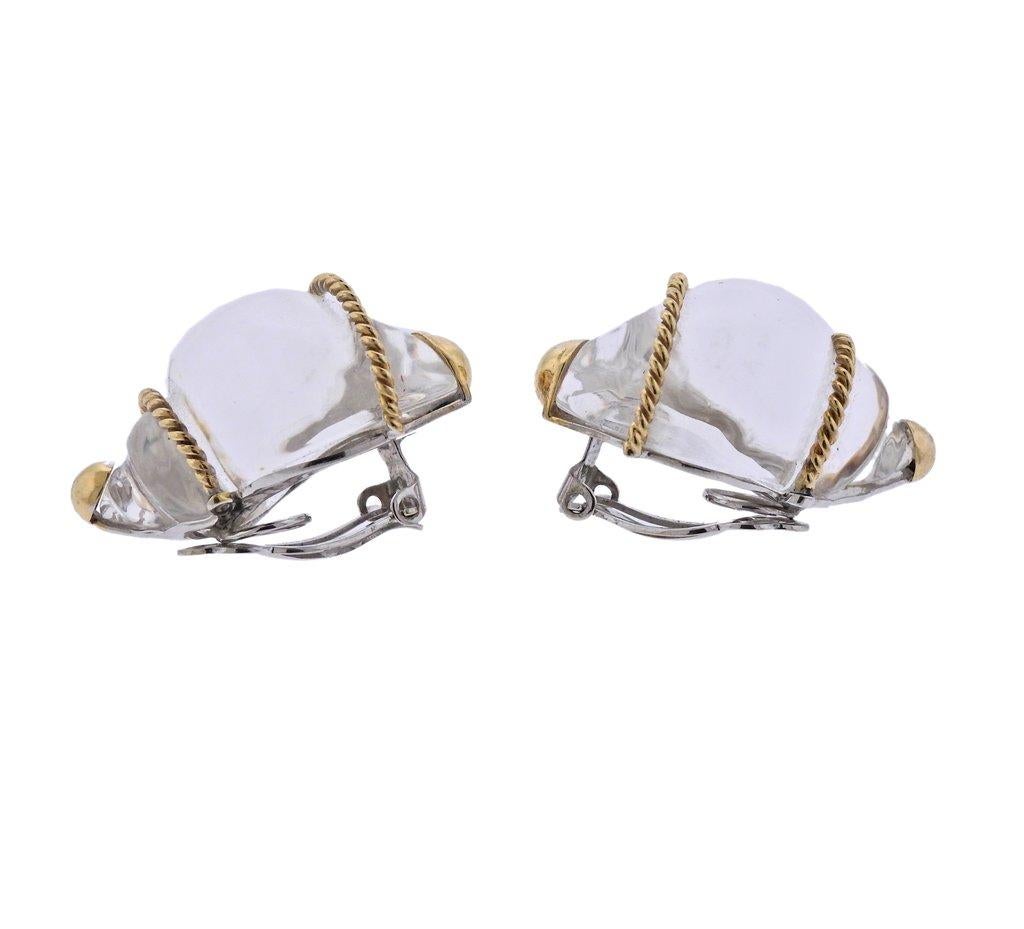 Pair of 14k gold vintage Seaman Schepps earrings, featuring shell motif set in crystal. Earrings are 35mm x 25mm, weigh 38 grams. Marked: P.S.V of Seaman Schepps.