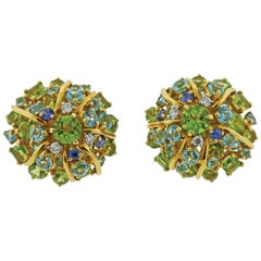 Seaman Schepps Diamond Aquamarine Sapphire Peridot Gold Earrings