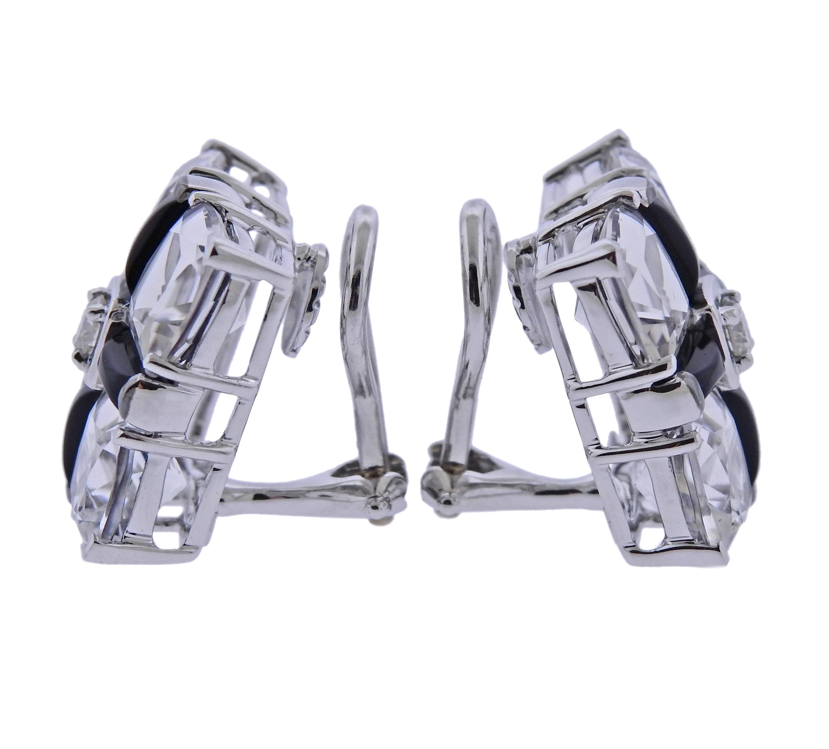 Pair of new 18k white gold Quad earrings by Seaman Schepps, set with approx. 0.24ctw in G/VS diamonds, crystal and onyx.  Earrings are 17mm x 17mm, weigh 12.4 grams. Marked: 243483, 750, Shell hallmark. 