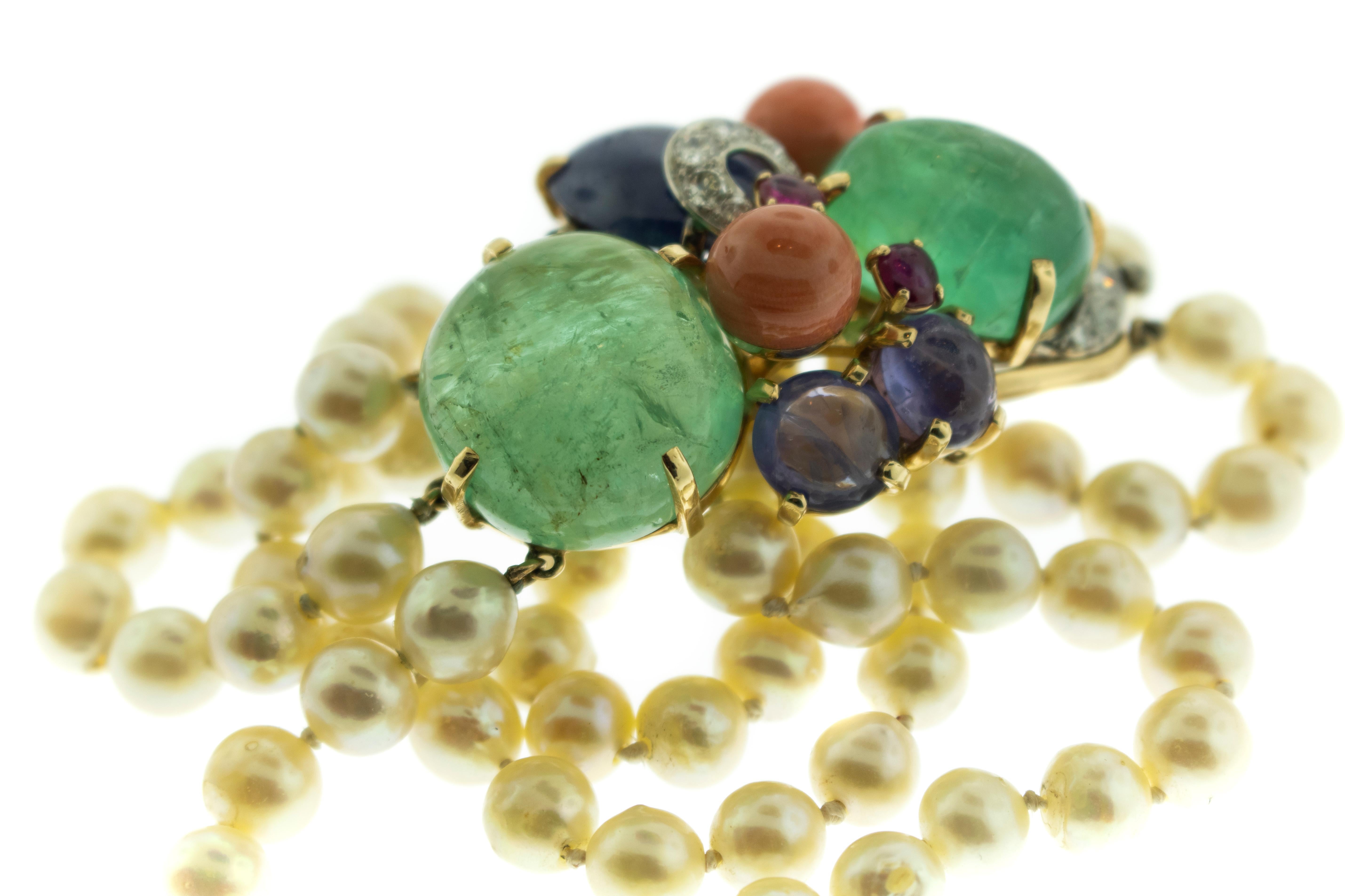 Modern Seaman Schepps Diamond Emerald Sapphire Coral Ruby Pearl 14 Karat Gold Bracelet