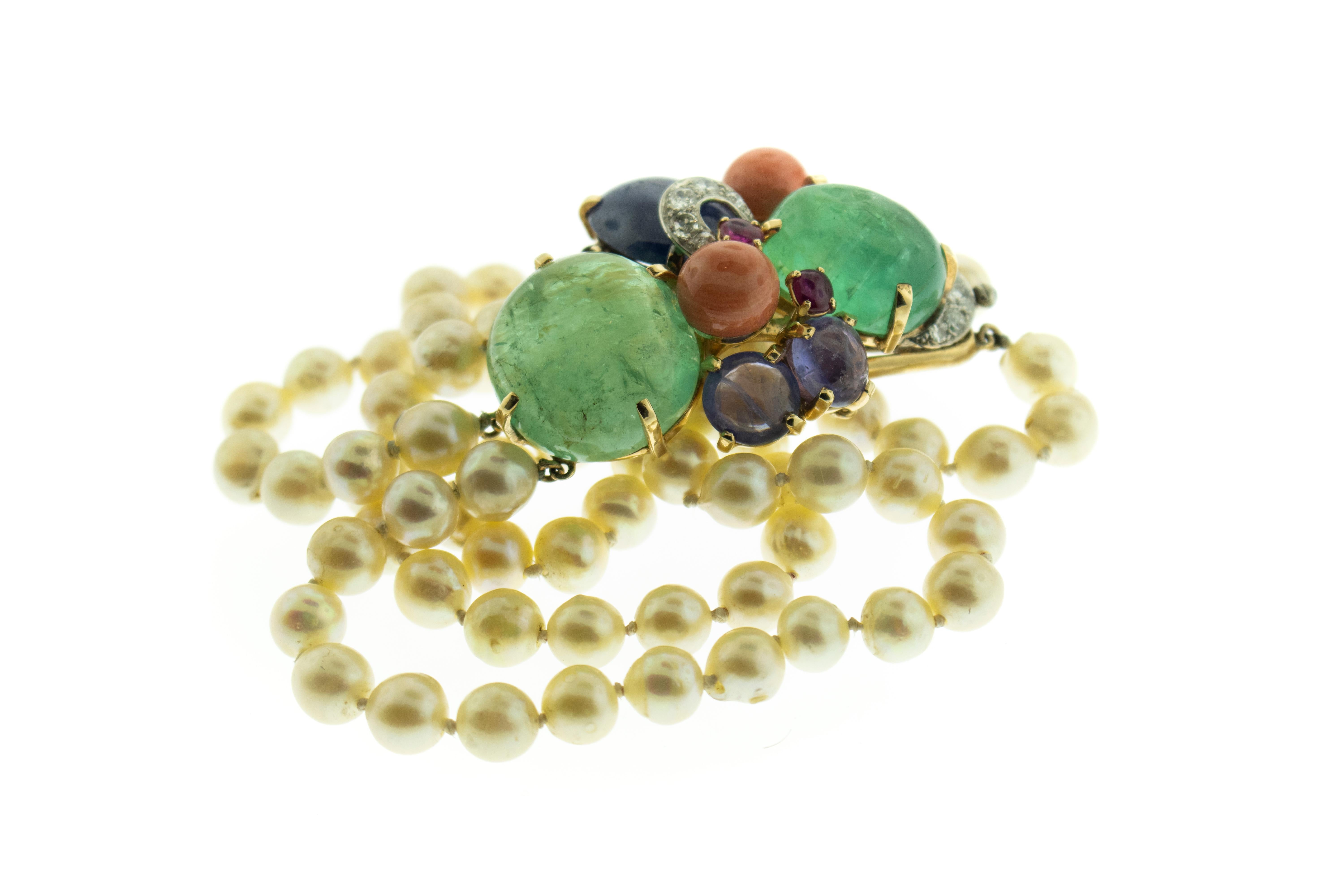 Seaman Schepps Diamond Emerald Sapphire Coral Ruby Pearl 14 Karat Gold Bracelet In Good Condition In New York, NY