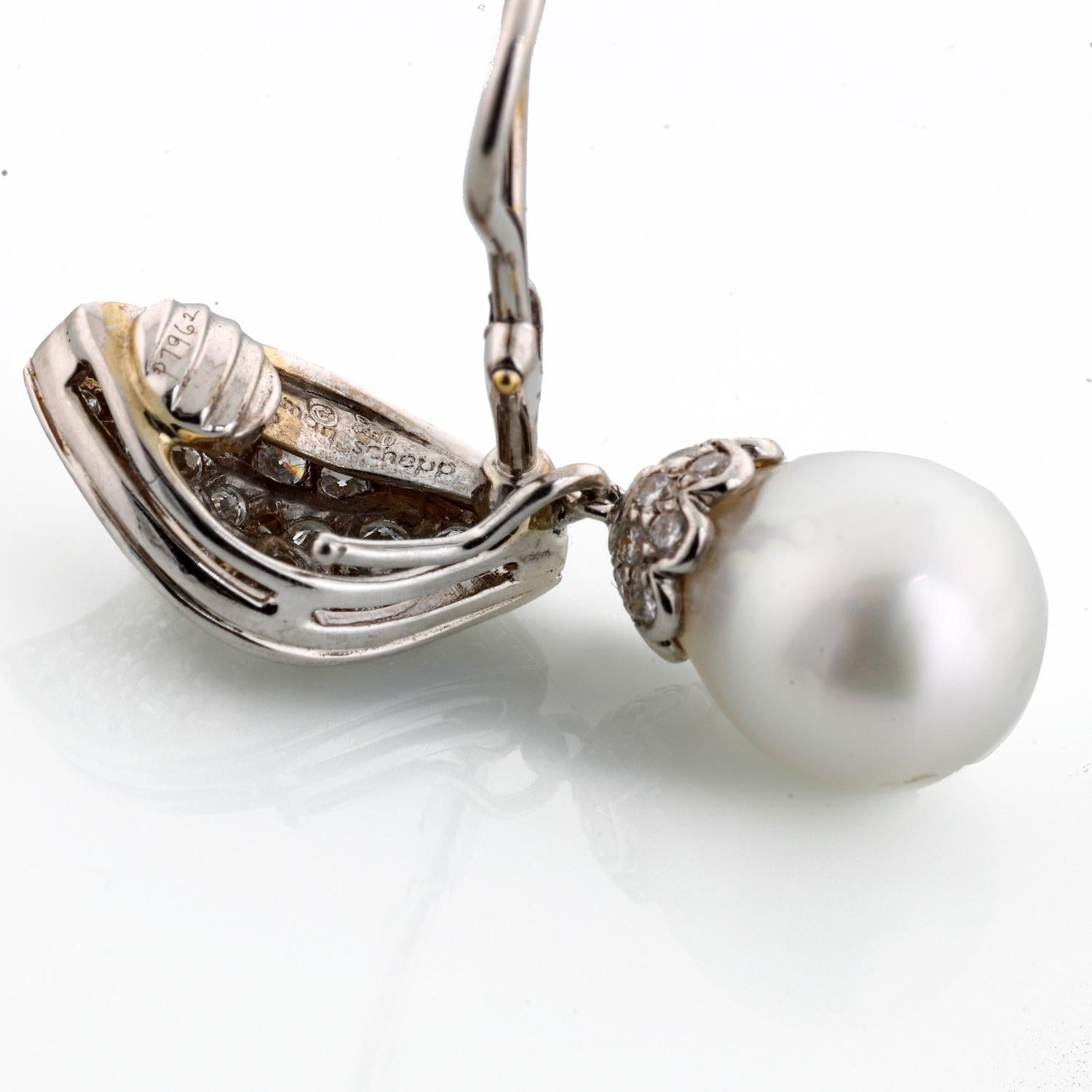 Modern Seaman Schepps Diamond Pe 18 Karat White Gold Drop Earrings For Sale