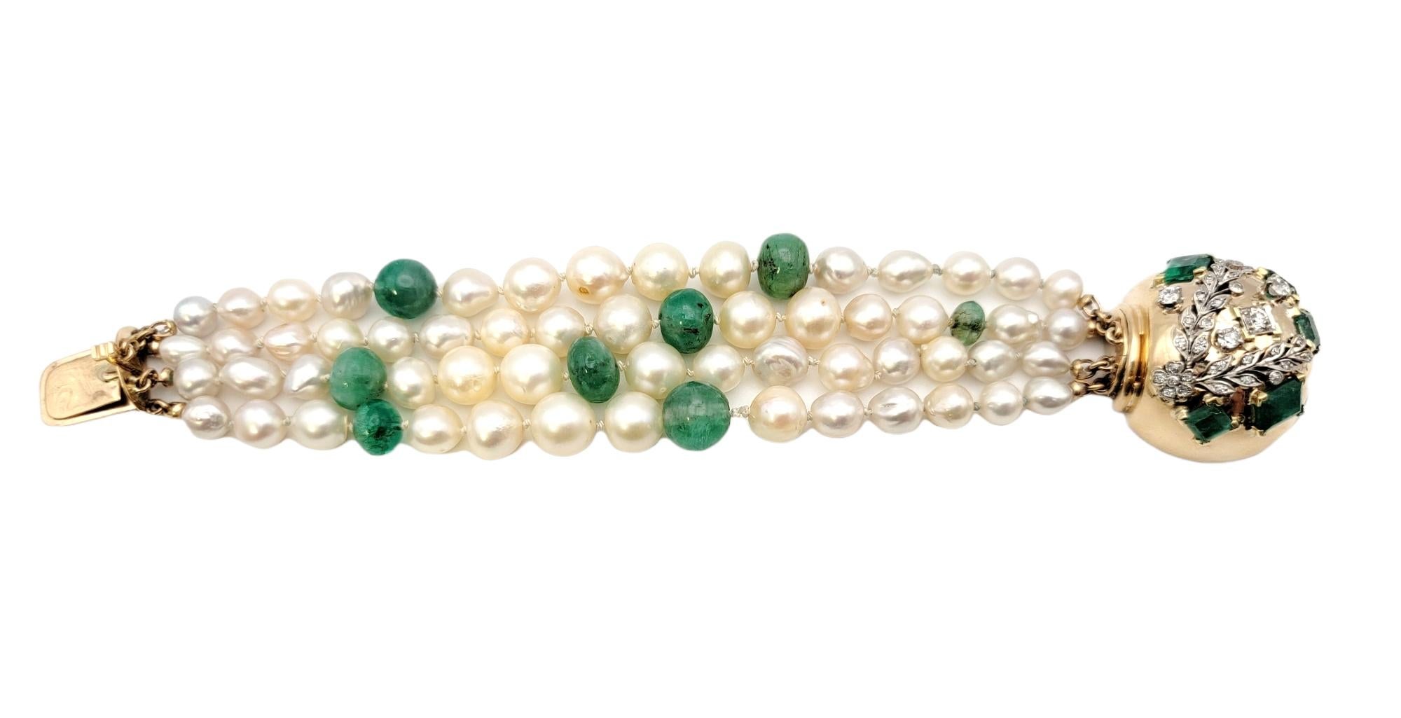 Seaman Schepps Diamond, Pearl and Emerald Multi Strand 14 Karat Gold Bracelet For Sale 2