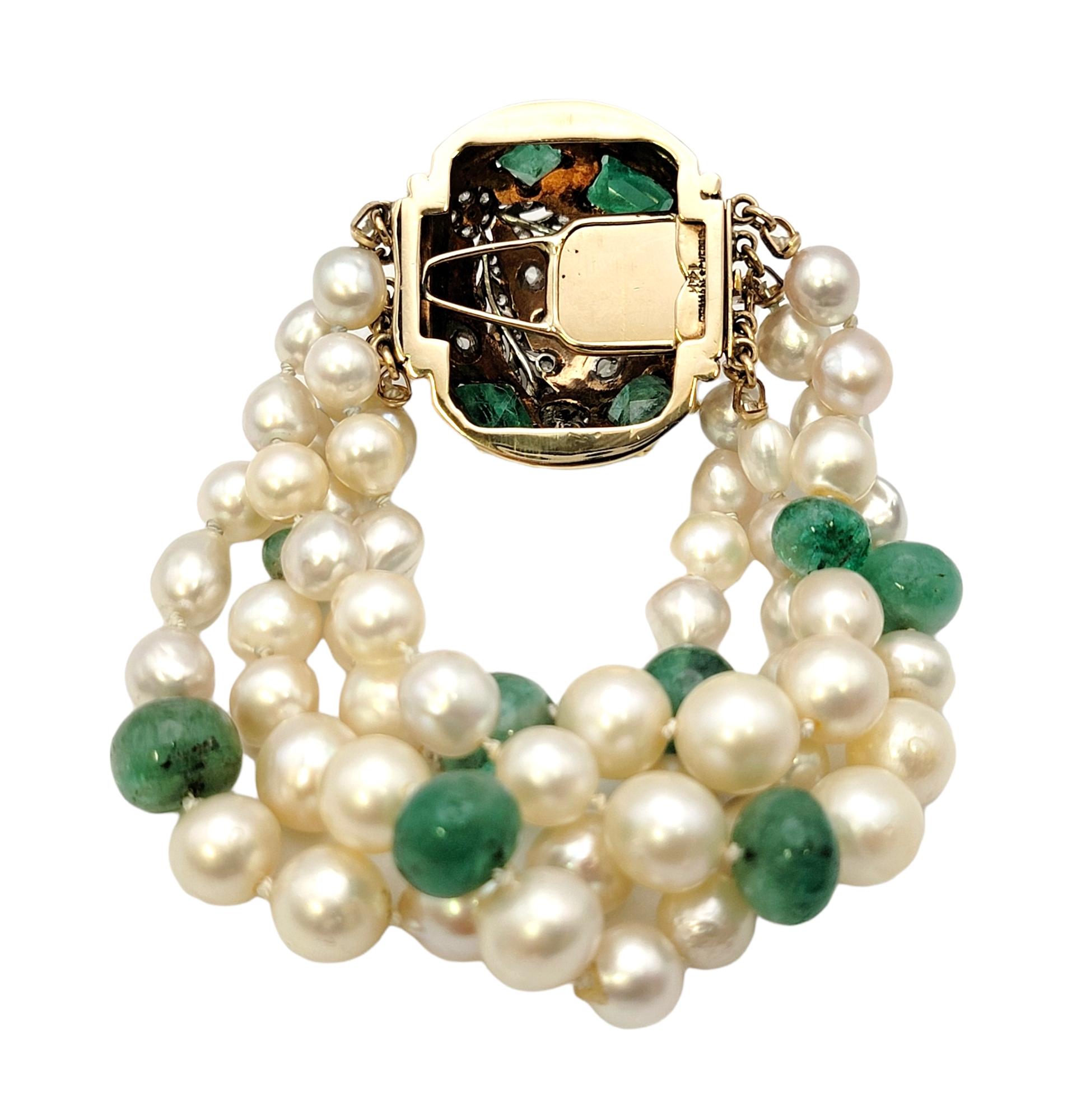 Seaman Schepps Diamond, Pearl and Emerald Multi Strand 14 Karat Gold Bracelet For Sale 3