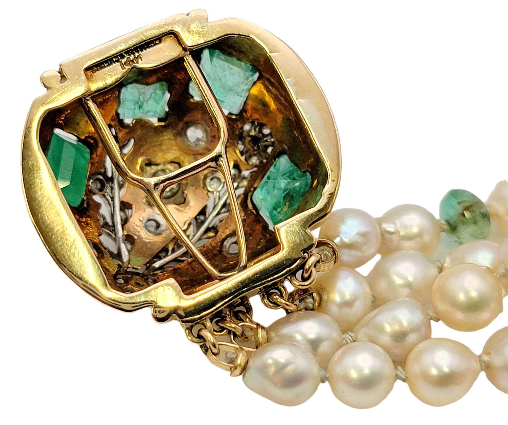 Seaman Schepps Diamond, Pearl and Emerald Multi Strand 14 Karat Gold Bracelet For Sale 4