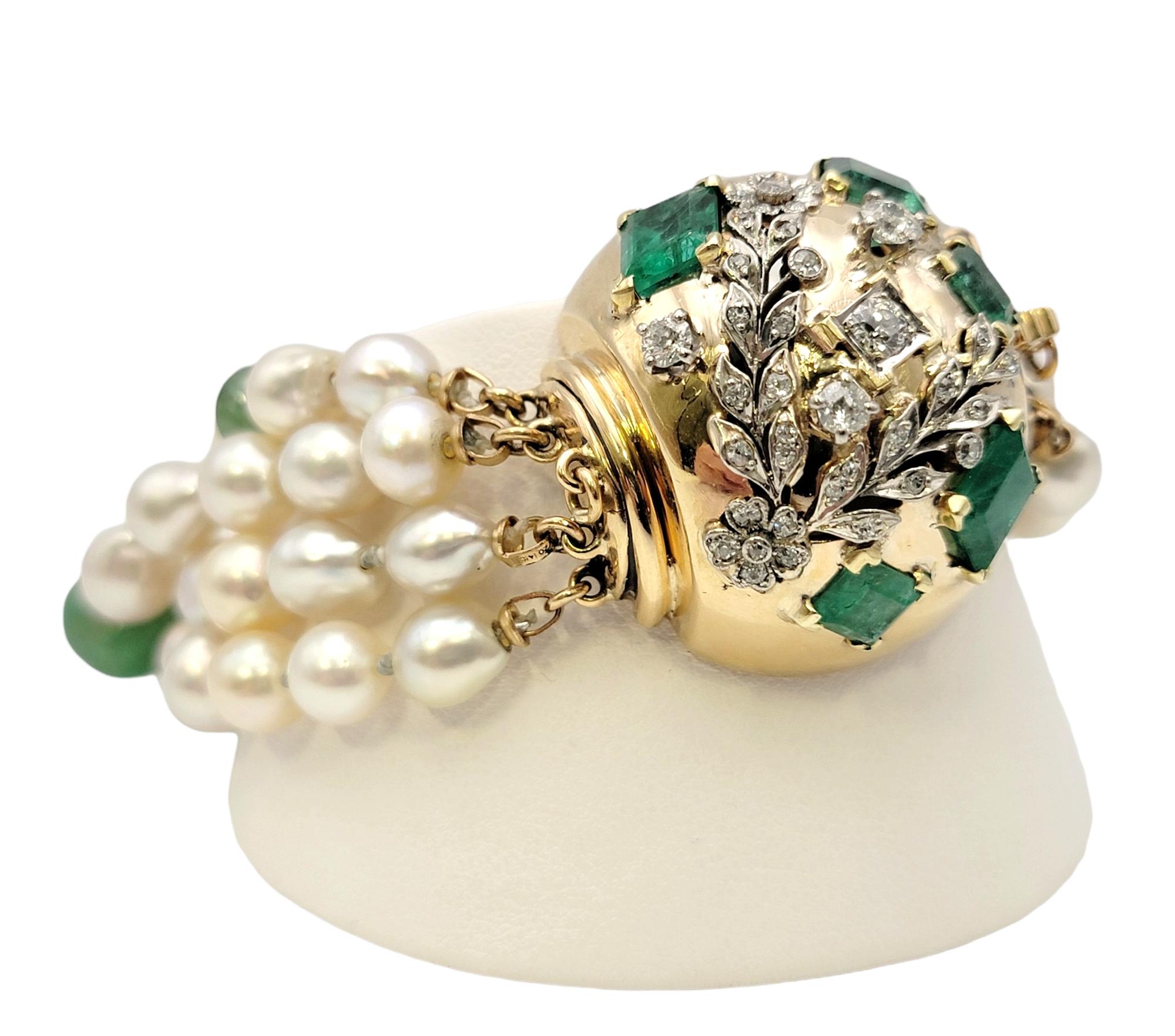 Seaman Schepps Diamond, Pearl and Emerald Multi Strand 14 Karat Gold Bracelet For Sale 6