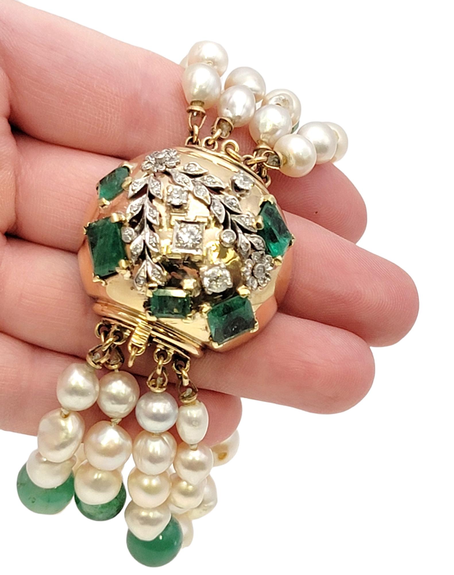 Seaman Schepps Diamond, Pearl and Emerald Multi Strand 14 Karat Gold Bracelet For Sale 7