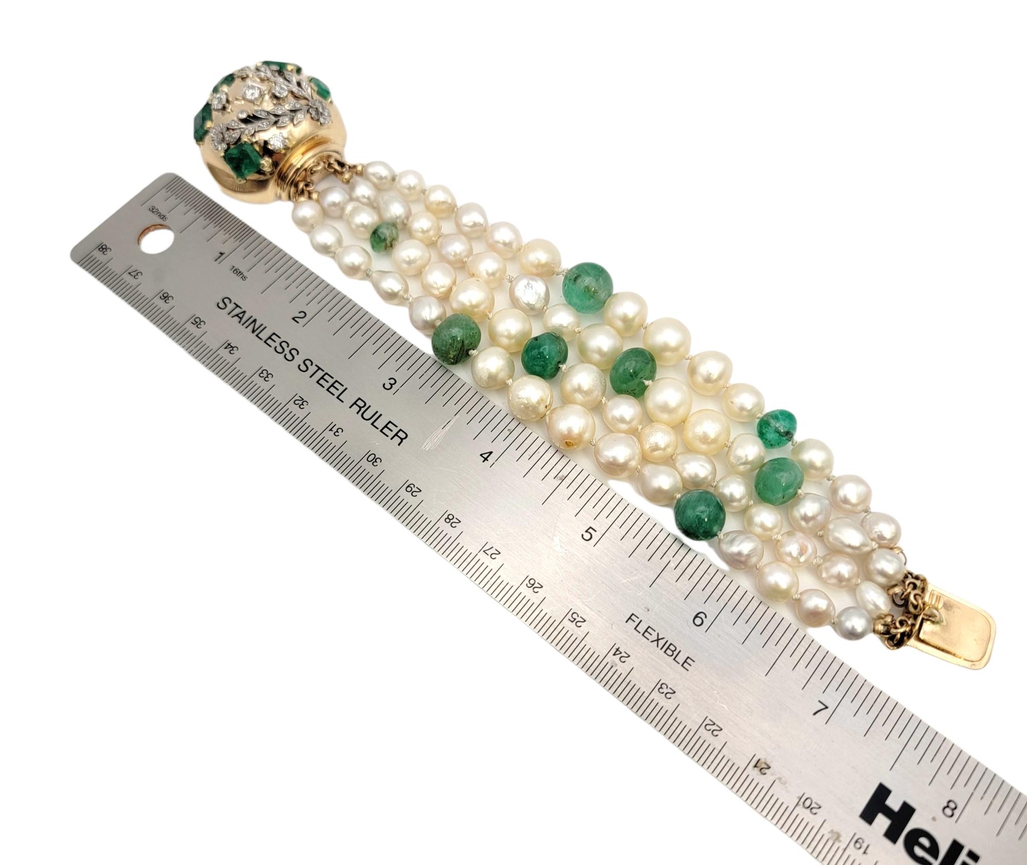 Seaman Schepps Diamond, Pearl and Emerald Multi Strand 14 Karat Gold Bracelet For Sale 8