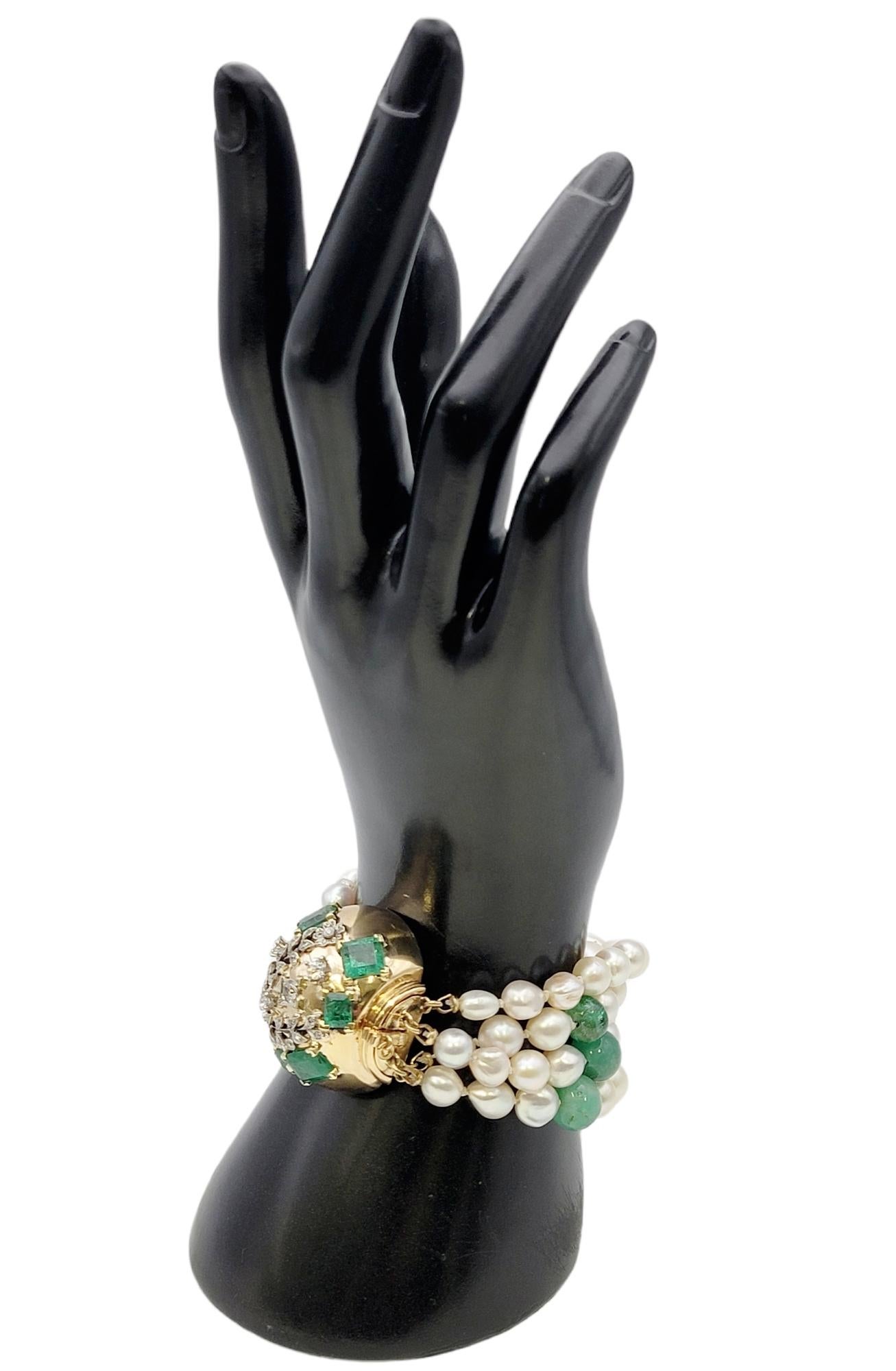 Seaman Schepps Diamond, Pearl and Emerald Multi Strand 14 Karat Gold Bracelet For Sale 10