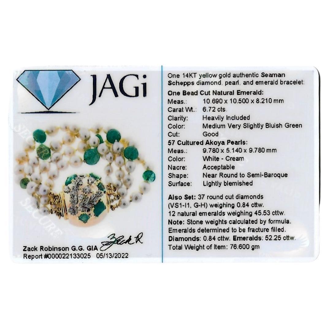 Seaman Schepps Diamond, Pearl and Emerald Multi Strand 14 Karat Gold Bracelet For Sale 11