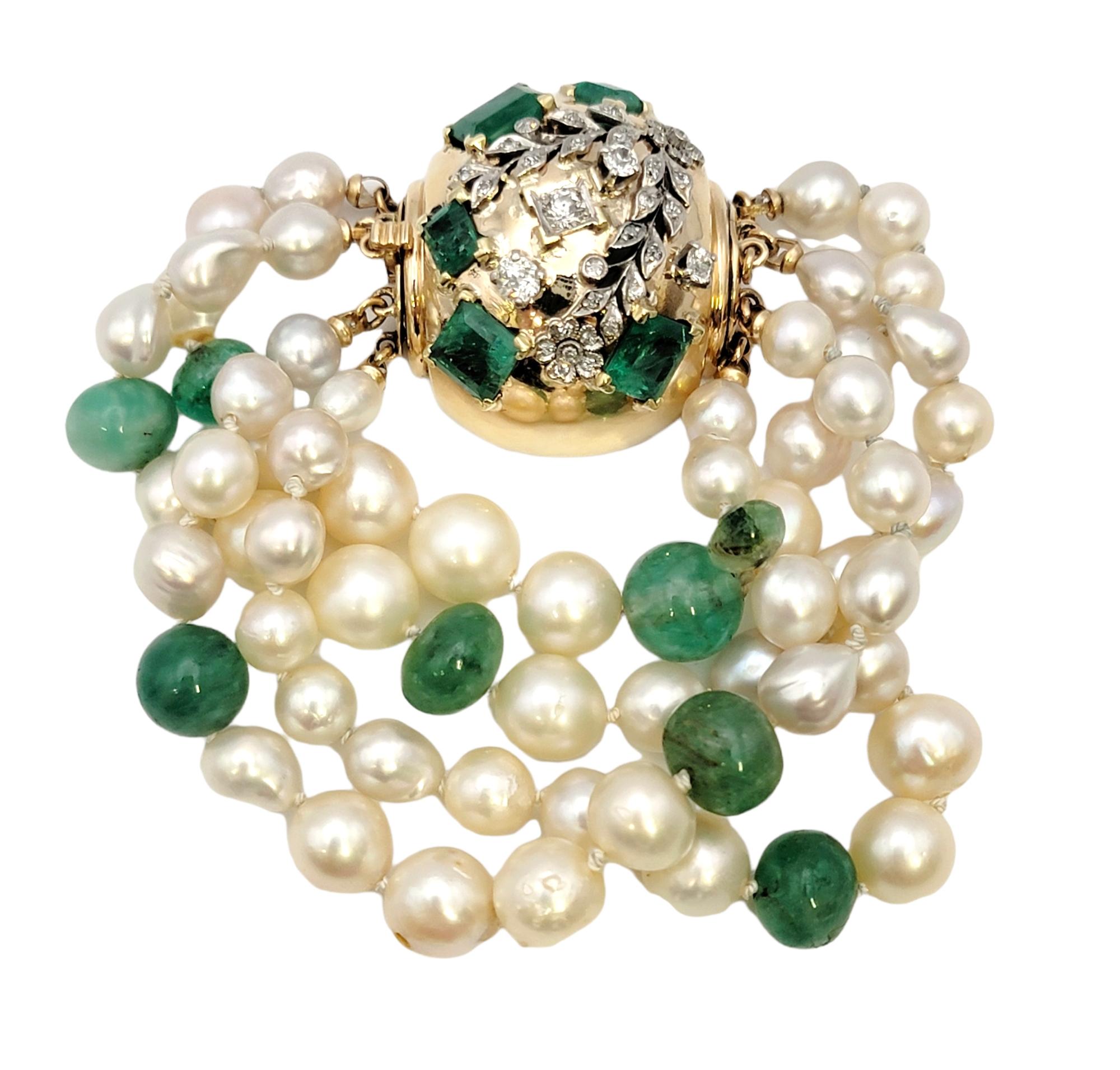 Bracelet Seaman Schepps en or 14 carats à plusieurs rangs de diamants, perles et émeraudes Bon état - En vente à Scottsdale, AZ