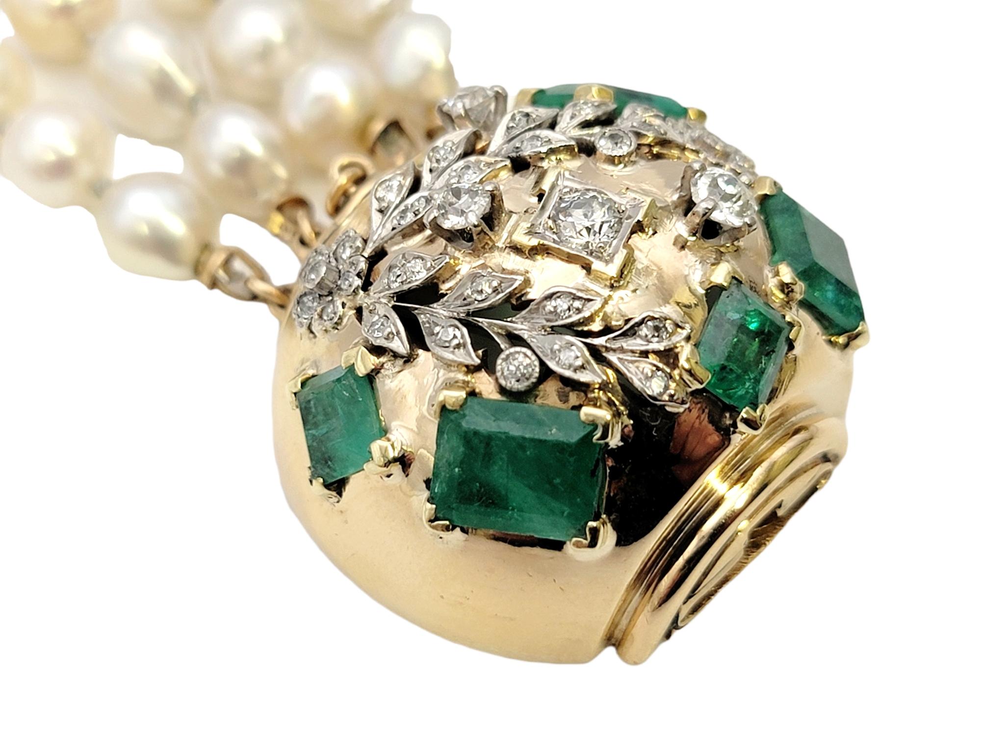 Round Cut Seaman Schepps Diamond, Pearl and Emerald Multi Strand 14 Karat Gold Bracelet For Sale