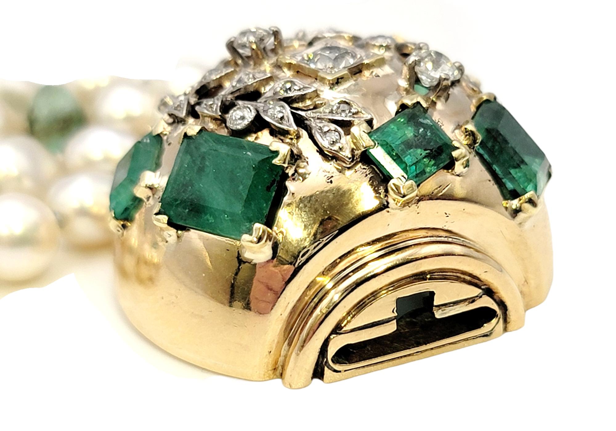 Seaman Schepps Diamond, Pearl and Emerald Multi Strand 14 Karat Gold Bracelet In Good Condition For Sale In Scottsdale, AZ