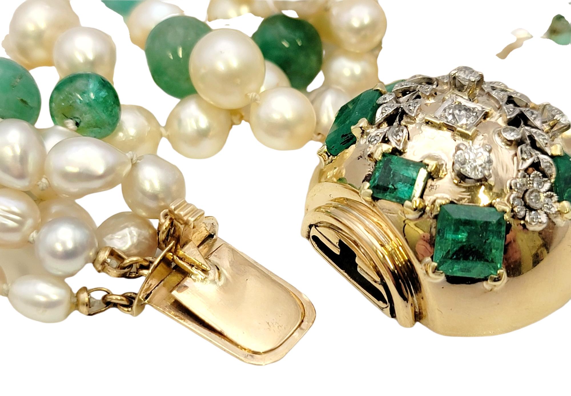 Women's Seaman Schepps Diamond, Pearl and Emerald Multi Strand 14 Karat Gold Bracelet For Sale