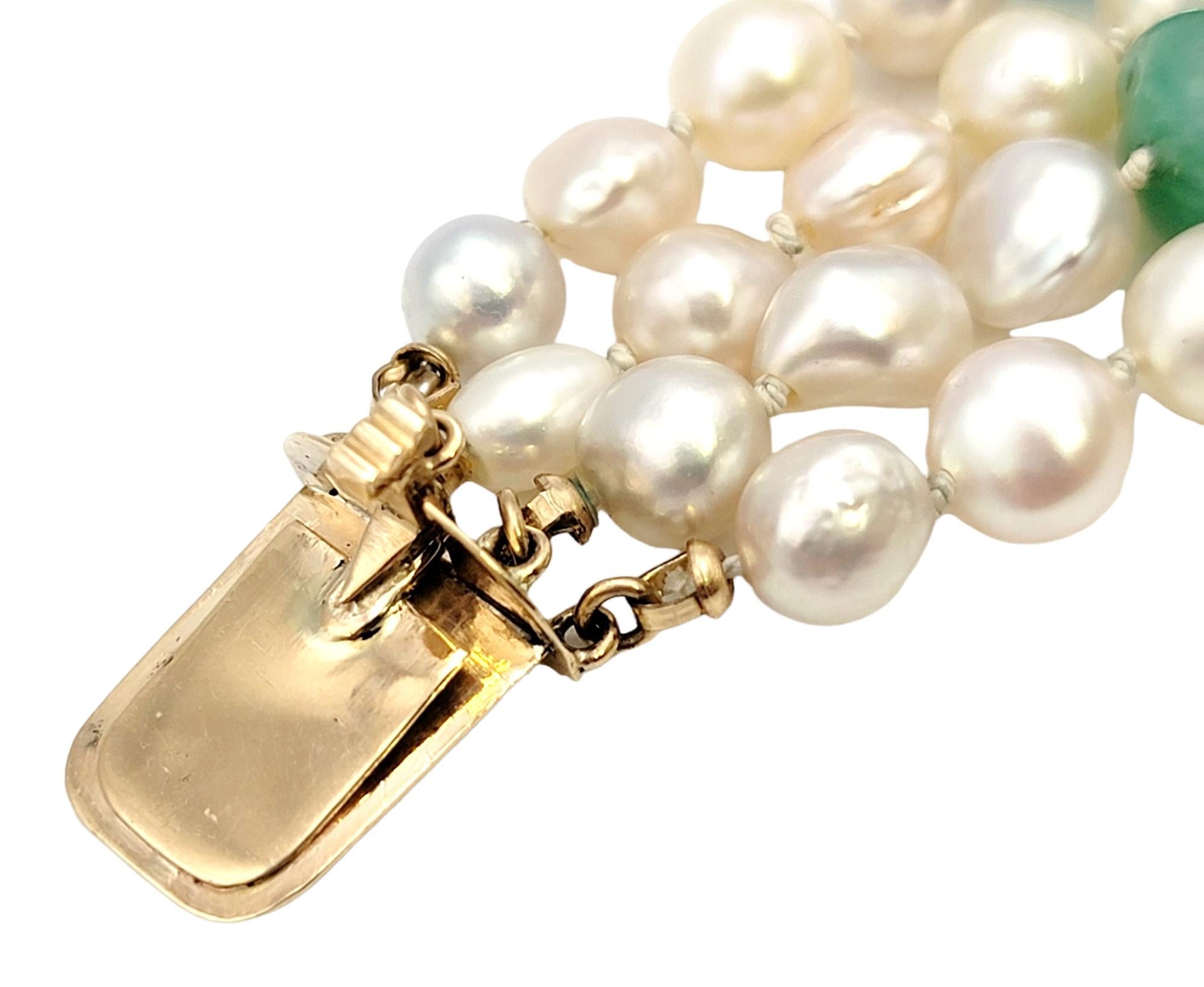 Seaman Schepps Diamond, Pearl and Emerald Multi Strand 14 Karat Gold Bracelet For Sale 1