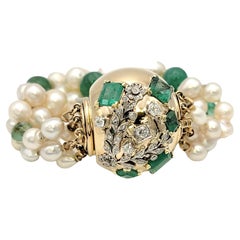 Vintage Seaman Schepps Diamond, Pearl and Emerald Multi Strand 14 Karat Gold Bracelet