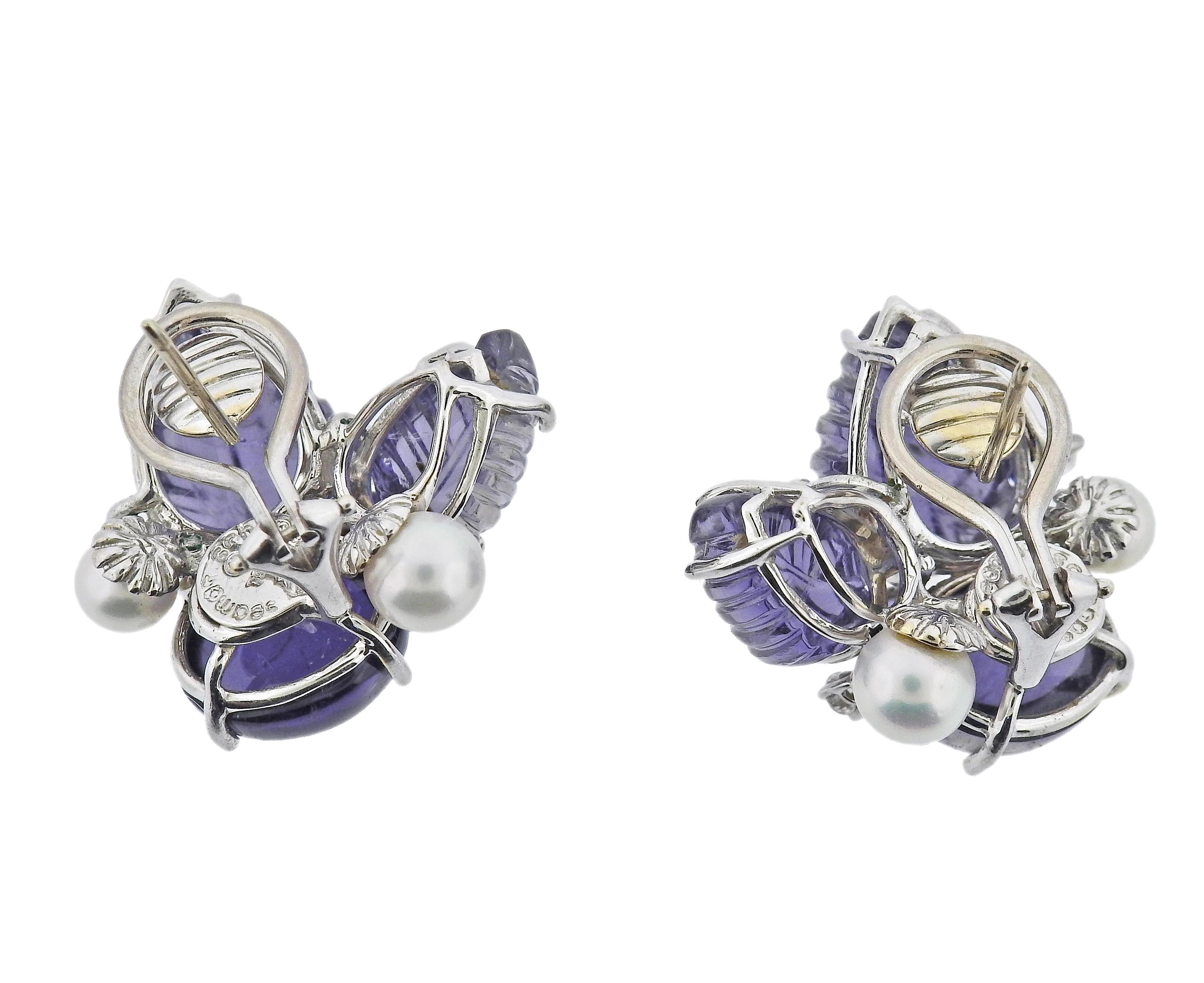 Pair of 18k gold earrings by Seaman Schepps, with iolite, sapphires, pearls and approx. 0.22ctw G/VS diamonds.  Earrings are 25mm x 27mm. Weight - 19.8 grams. Marked: Shell hallmark, Seaman Schepps, L297, 750. 