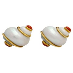 Vintage Seaman Schepps, Ear Clips 'Pair', Especially with 2 Shells and Coral Cabochons