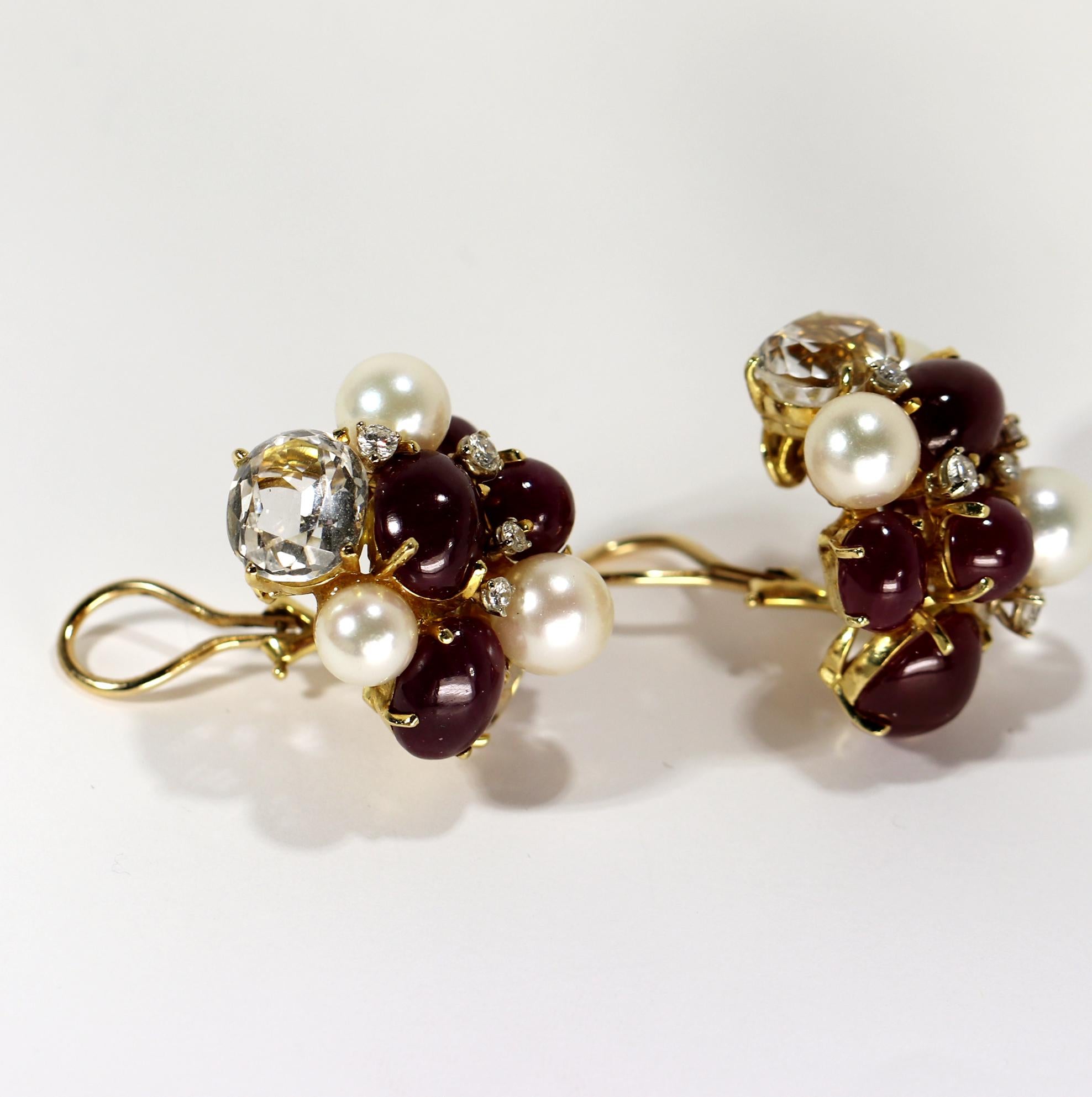 Cabochon Seaman Schepps Bubble Earrings with Rubies Diamonds and Pearls