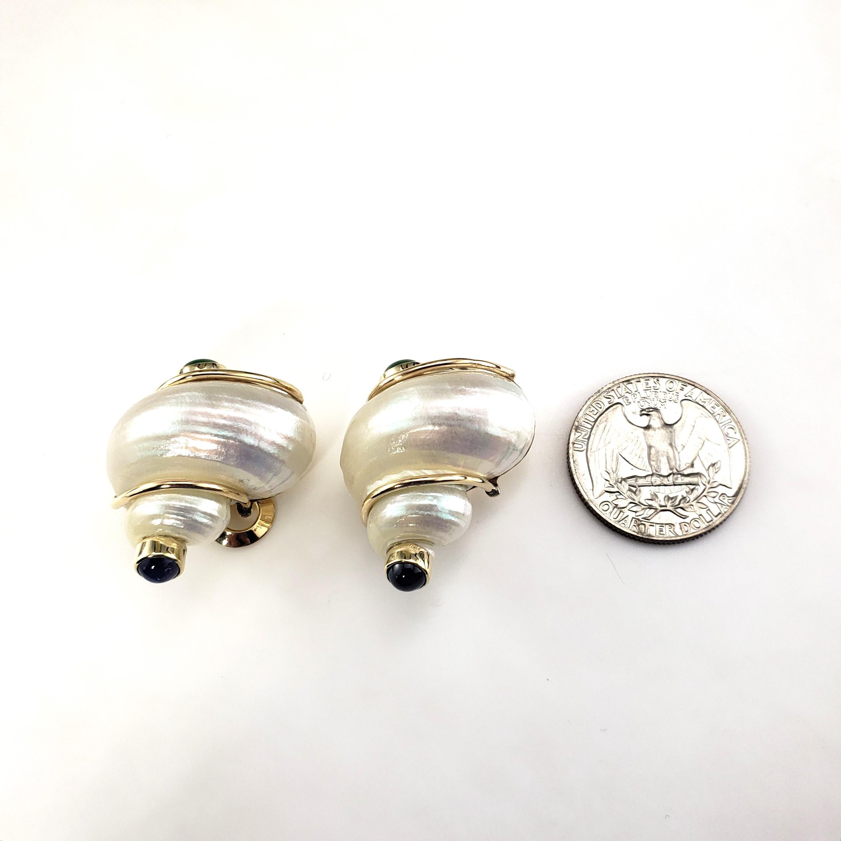 Seaman Schepps Emerald and Sapphire Turbo Shell Clip On Earrings #21165 In Good Condition In Washington Depot, CT