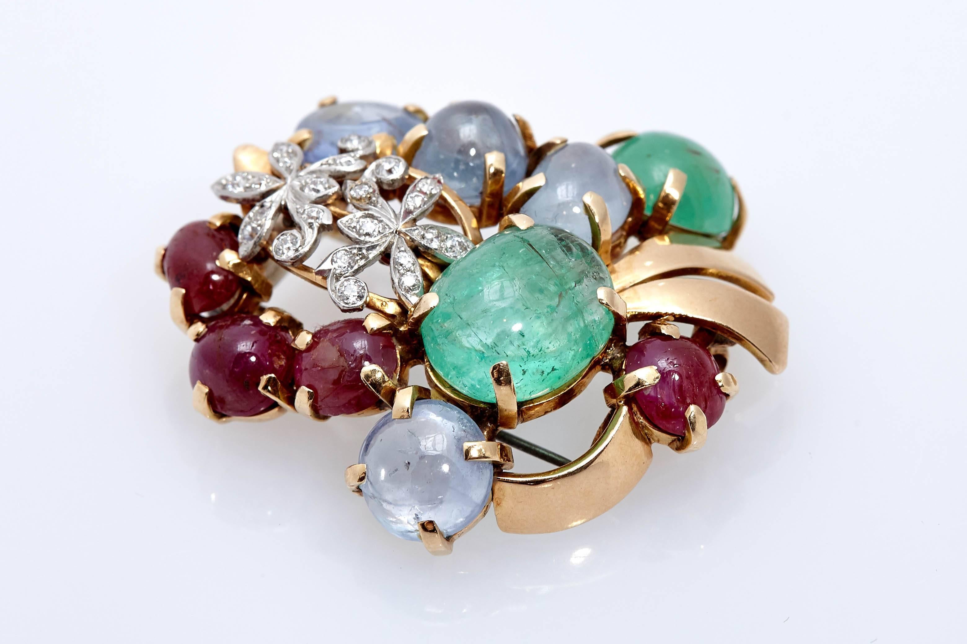 Seaman Schepps Emerald Ruby Diamond Brooch In Excellent Condition For Sale In New York, NY
