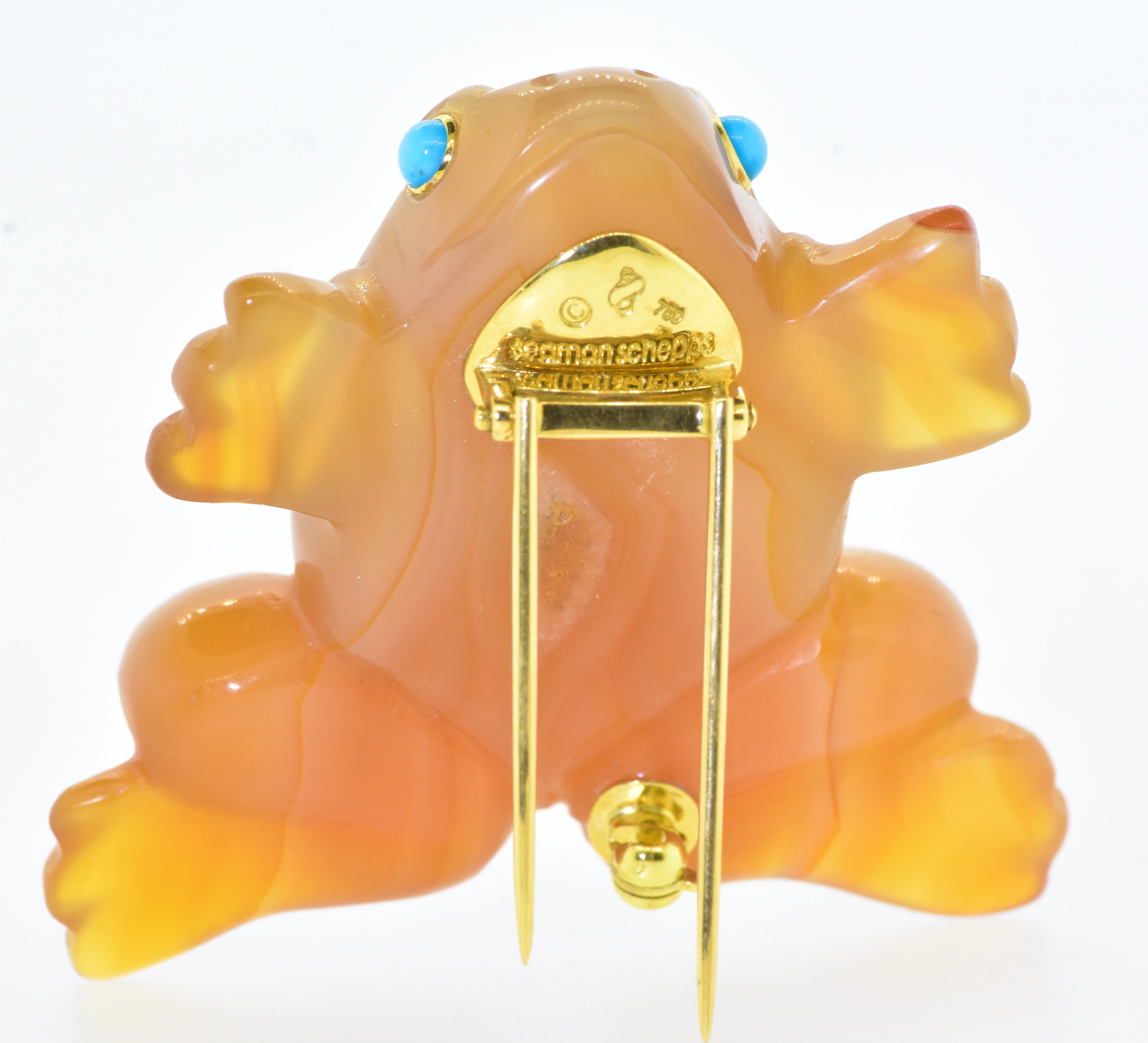 Contemporary Seaman Schepps' Famous Frog Brooch in 8K Carved Carnelian and Sapphires For Sale