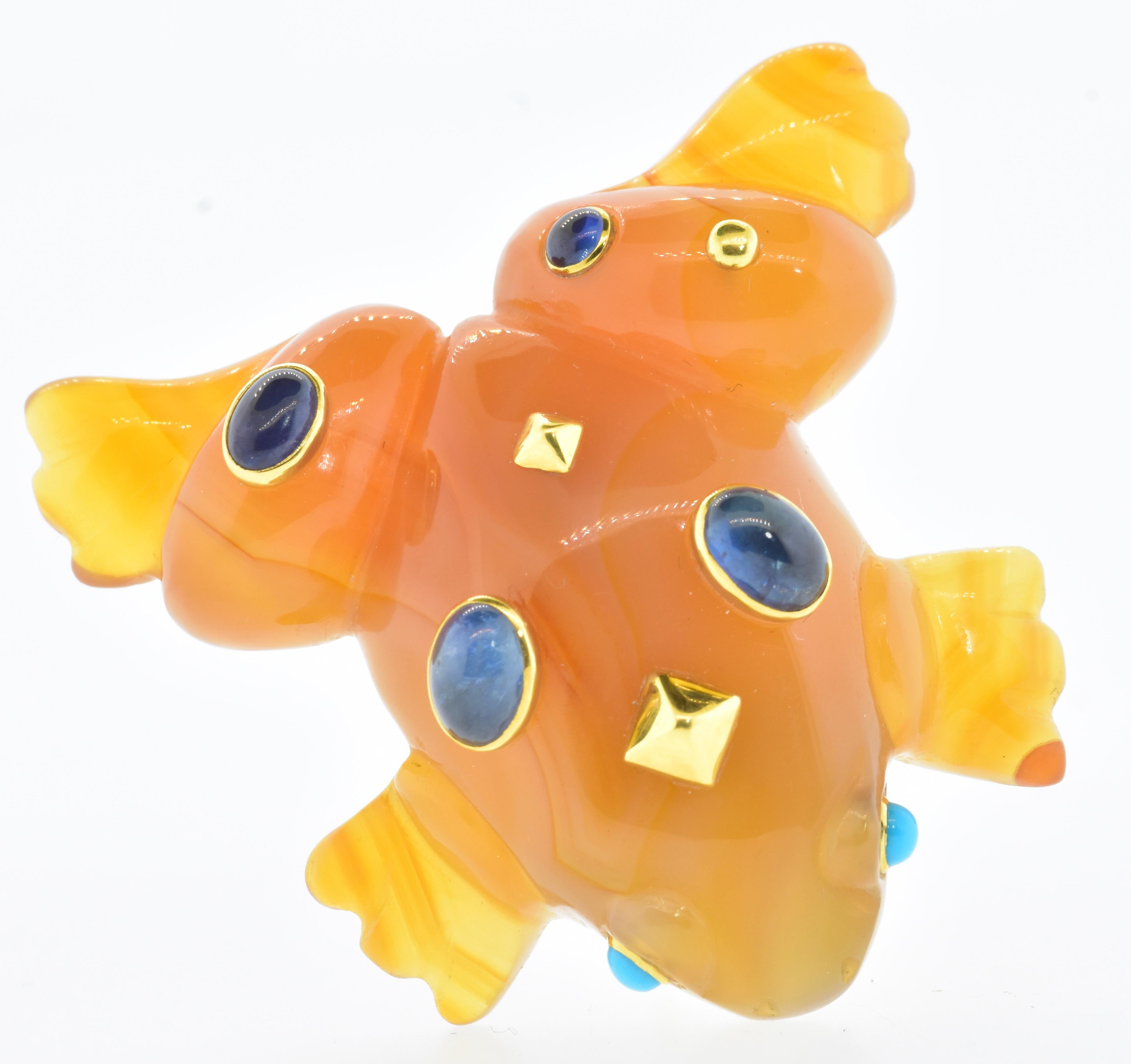 Cabochon Seaman Schepps' Famous Frog Brooch in 8K Carved Carnelian and Sapphires For Sale