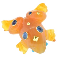 Seaman Schepps' Famous Frog Brooch in 8K Carved Carnelian and Sapphires