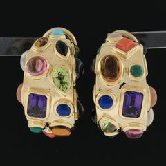 Boucles d'oreilles Seaman Schepps Fifties en or 18k avec lunette et pierres précieuses multicolores Omega