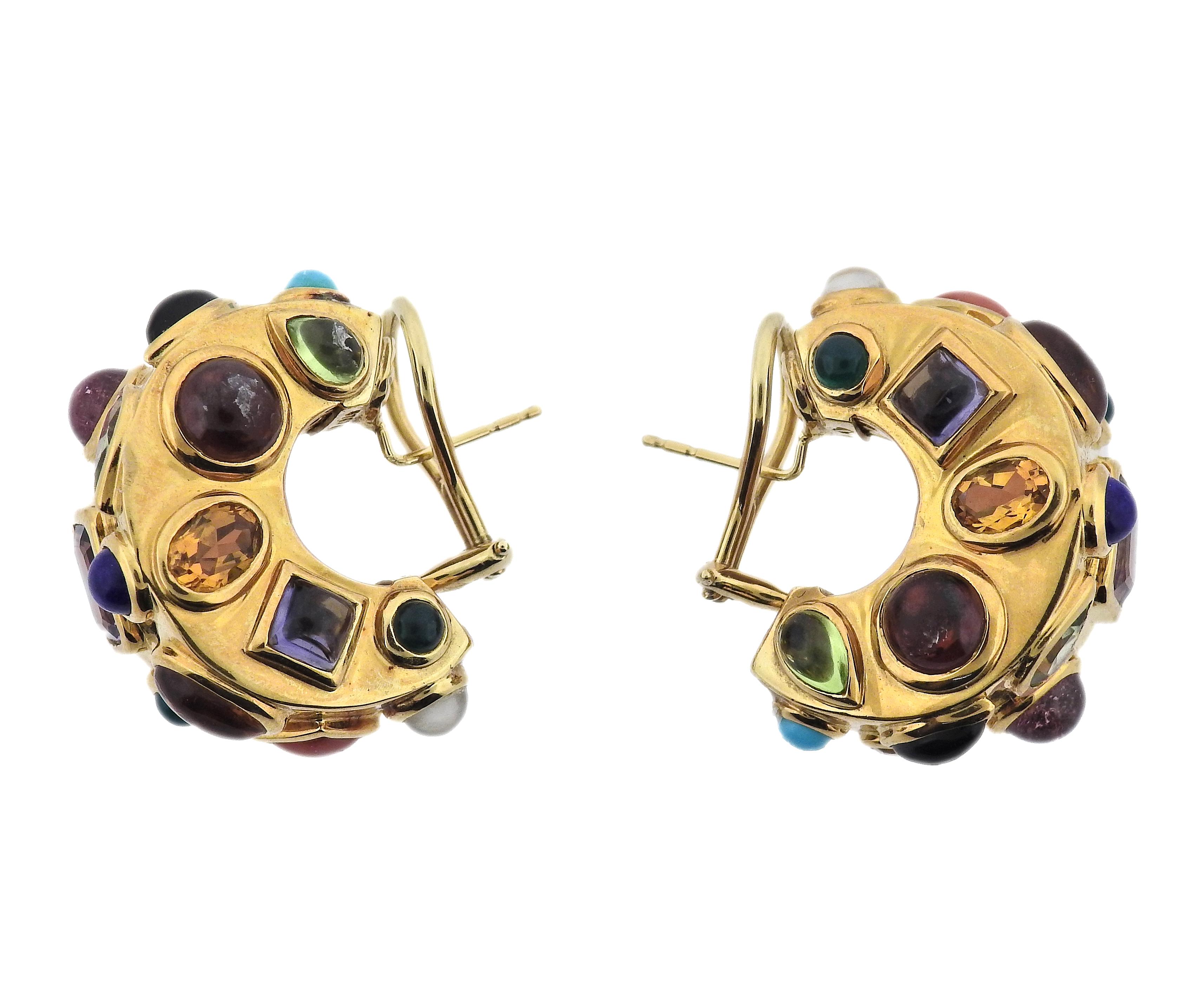 Pair of 18k gold Seaman Schepps Fifties earrings, with multi color gemstones, including Tourmaline, turquoise, garnet, lapis,  chrysoprase, iolite, amethyst, coral . Retail $12900. Earrings are 26mm x 16mm. Marked: Shell hallmark, 21267, 750. Weight