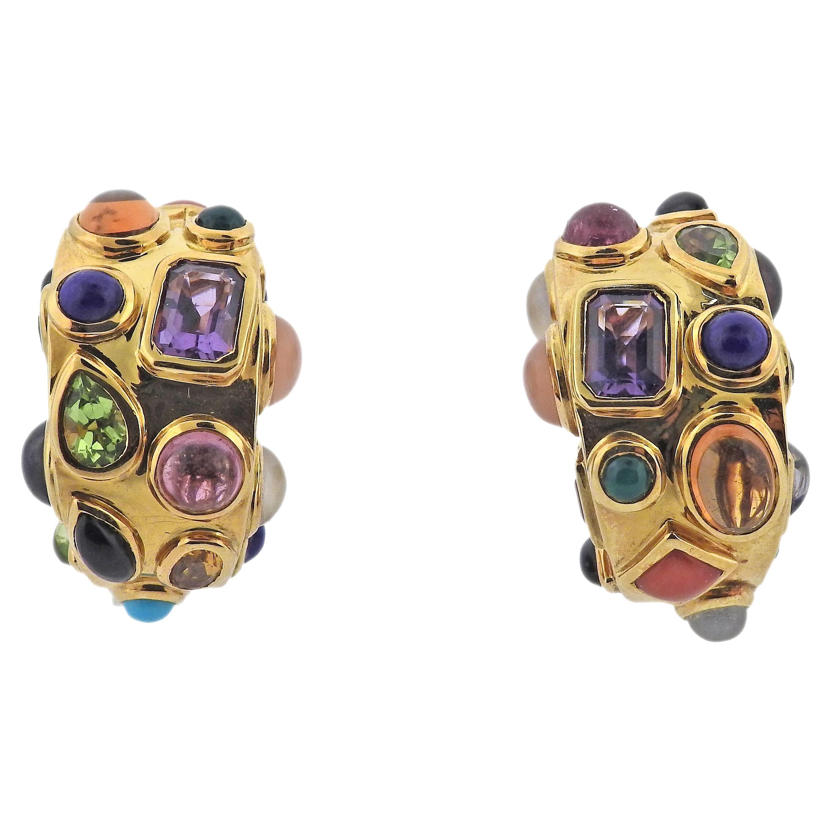 Seaman Schepps Fifties Multi Color Gemstone Gold Hoop Earrings For Sale