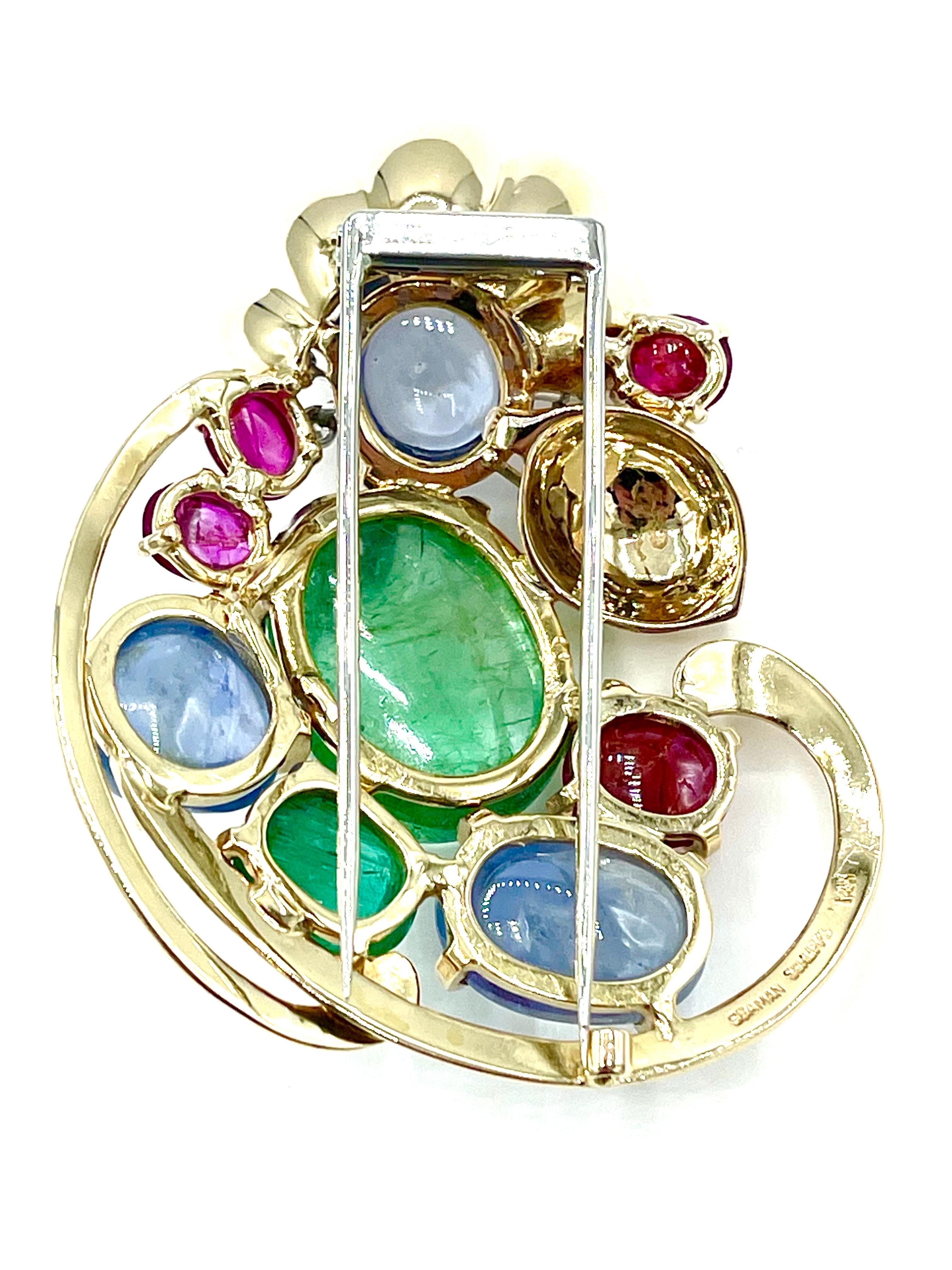 Seaman Schepps Floral Brooch with Cabochon Sapphire, Emerald, Ruby, & Diamonds  In Excellent Condition For Sale In Chevy Chase, MD