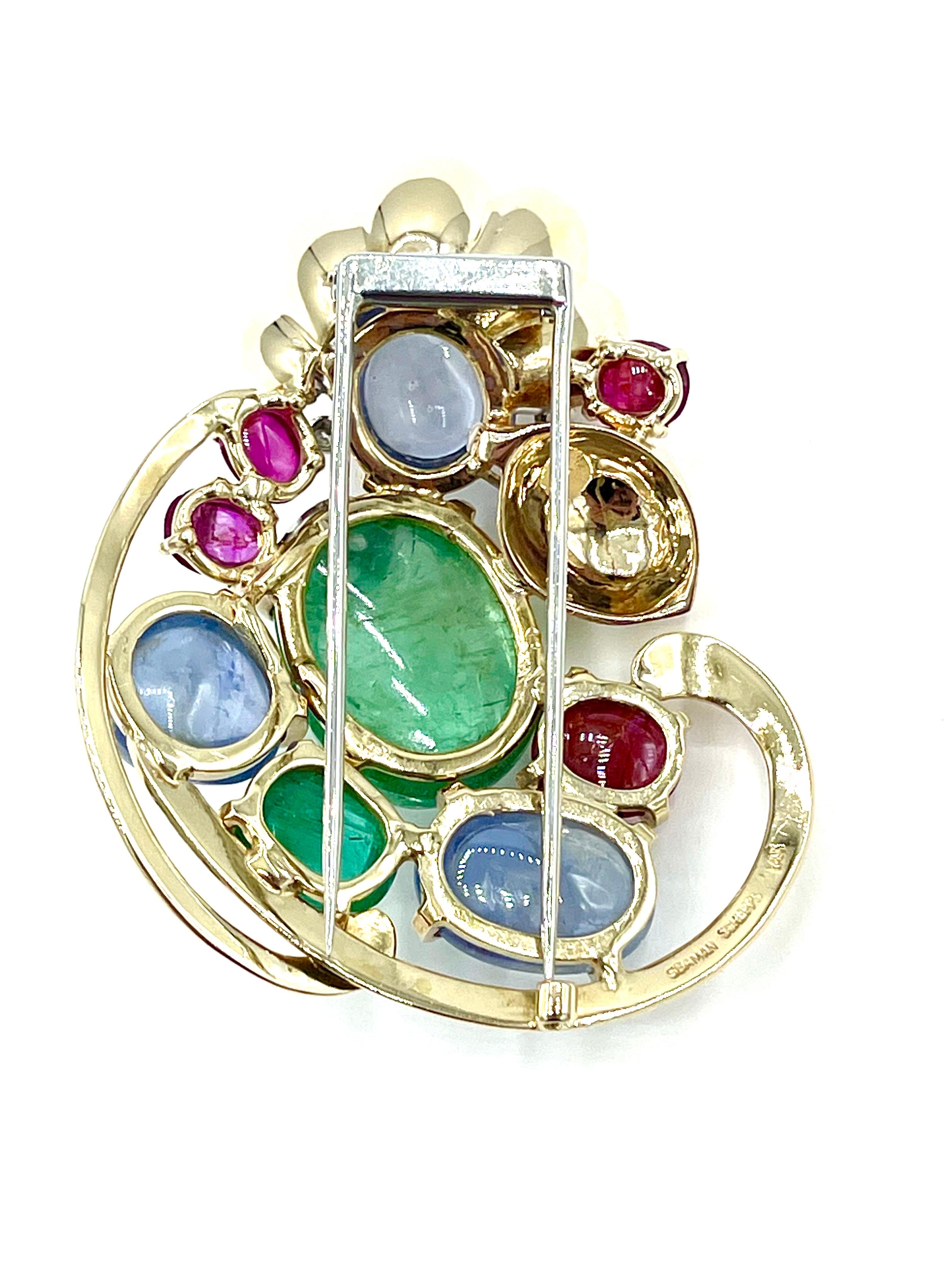 Seaman Schepps Floral Brooch with Cabochon Sapphire, Emerald, Ruby, & Diamonds  For Sale 3
