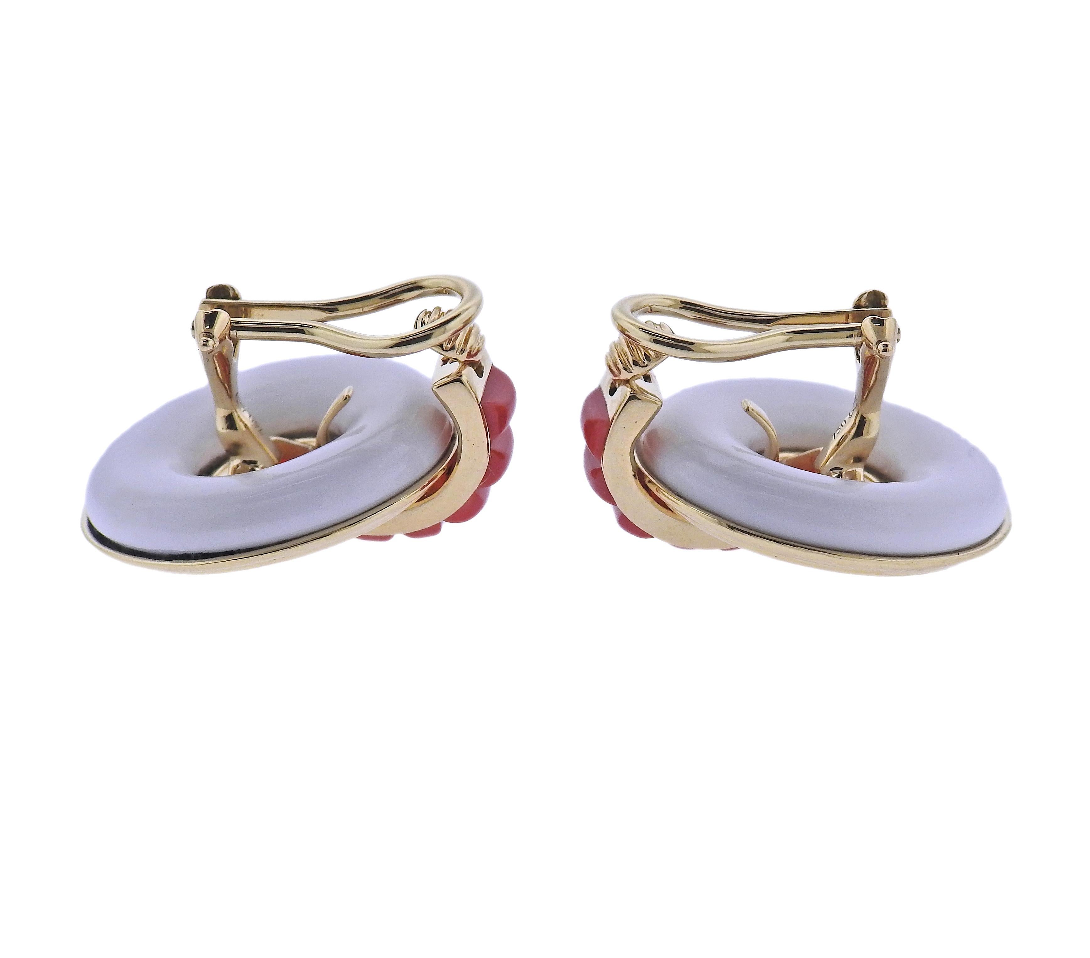 Sugarloaf Cabochon Seaman Schepps Giro Reversible Ceramic Coral Gold Doorknocker Earrings For Sale
