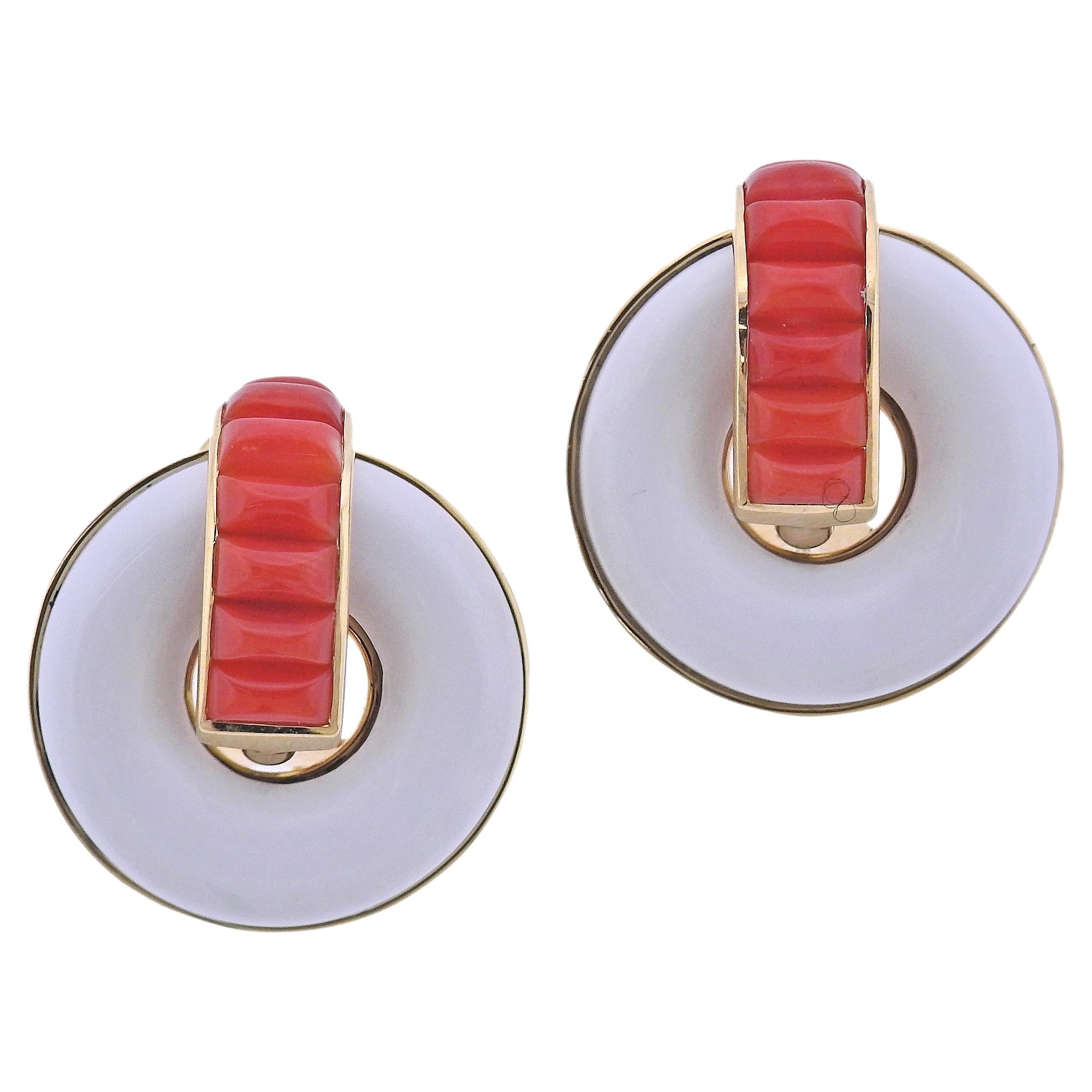 Seaman Schepps Giro Reversible Ceramic Coral Gold Doorknocker Earrings For Sale