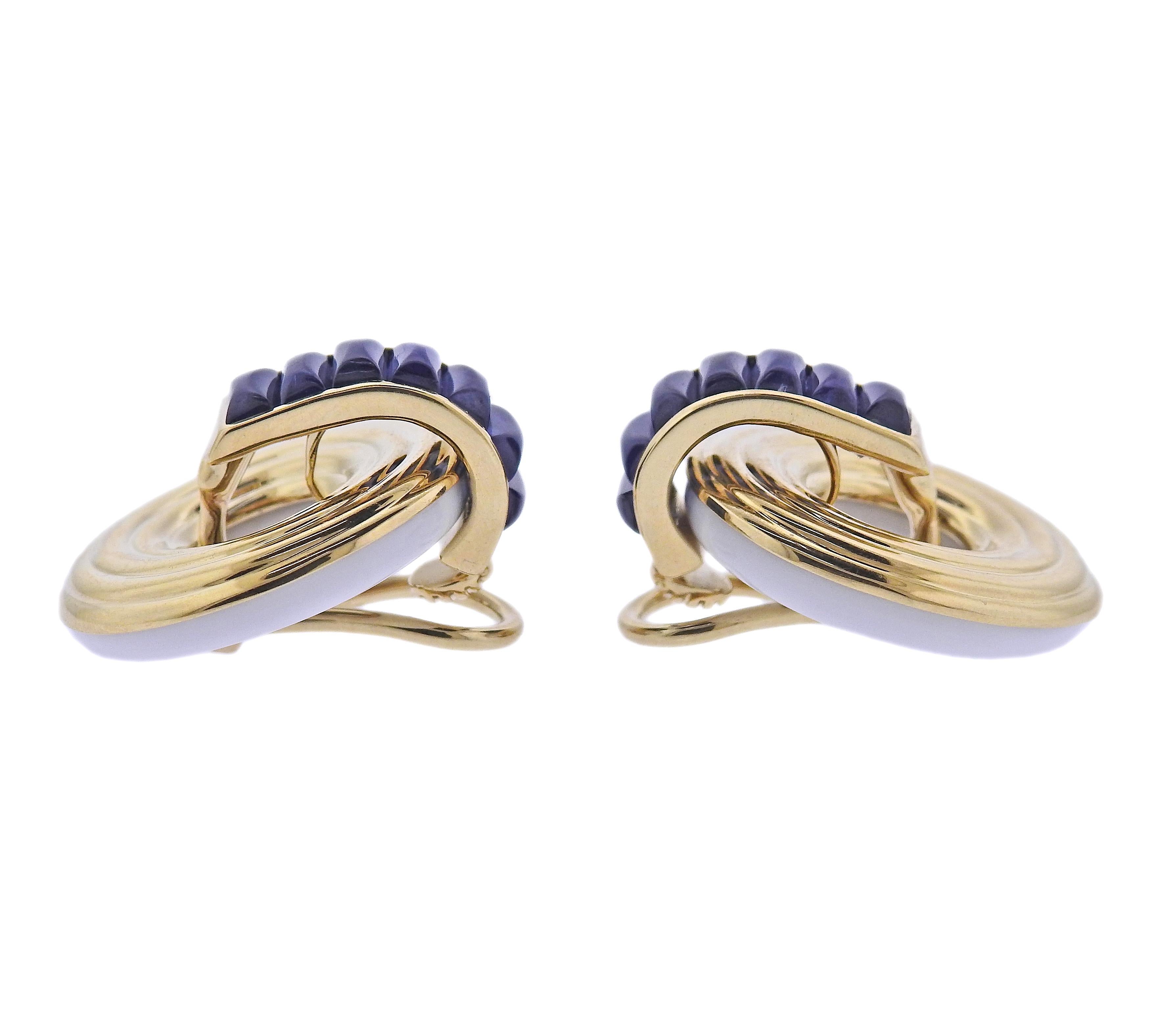 Sugarloaf Cabochon Seaman Schepps Giro Reversible Ceramic Sapphire Gold Doorknocker Earrings For Sale