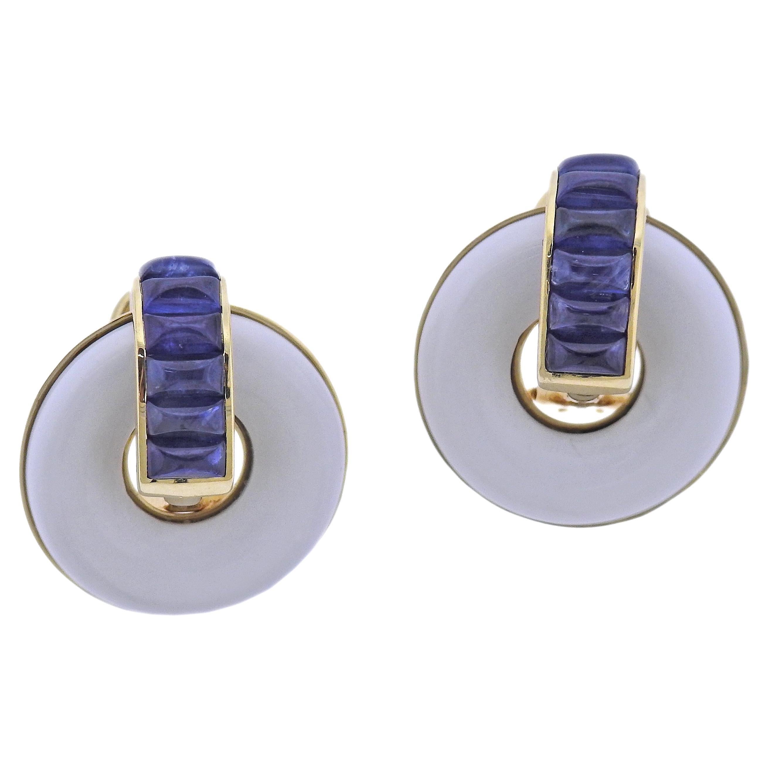 Seaman Schepps Giro Reversible Ceramic Sapphire Gold Doorknocker Earrings For Sale