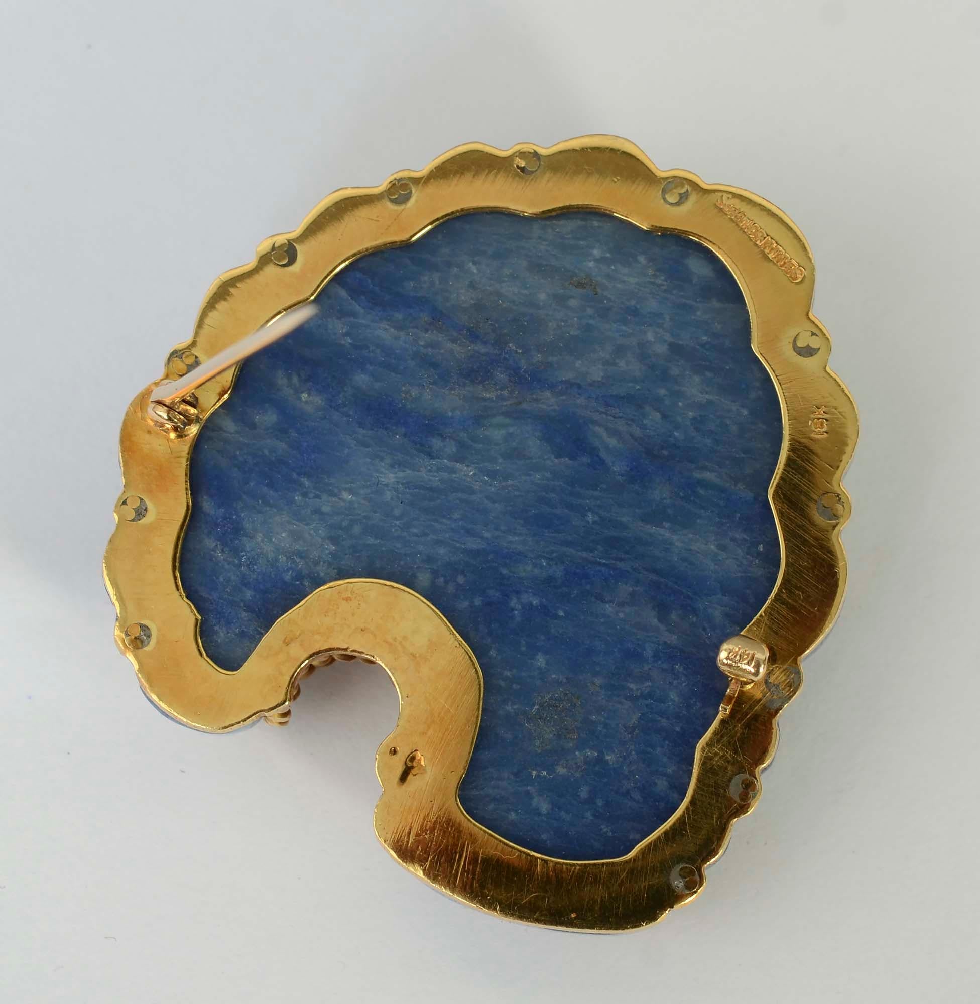 Modern Seaman Schepps Gold and Sodalite Carved Shell Brooch